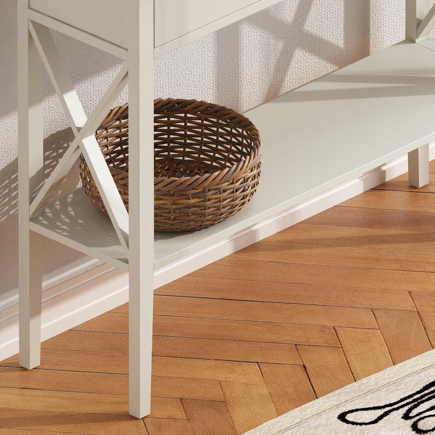 White and Dark Brown Rectangular Console Table with Drawers and Shelf