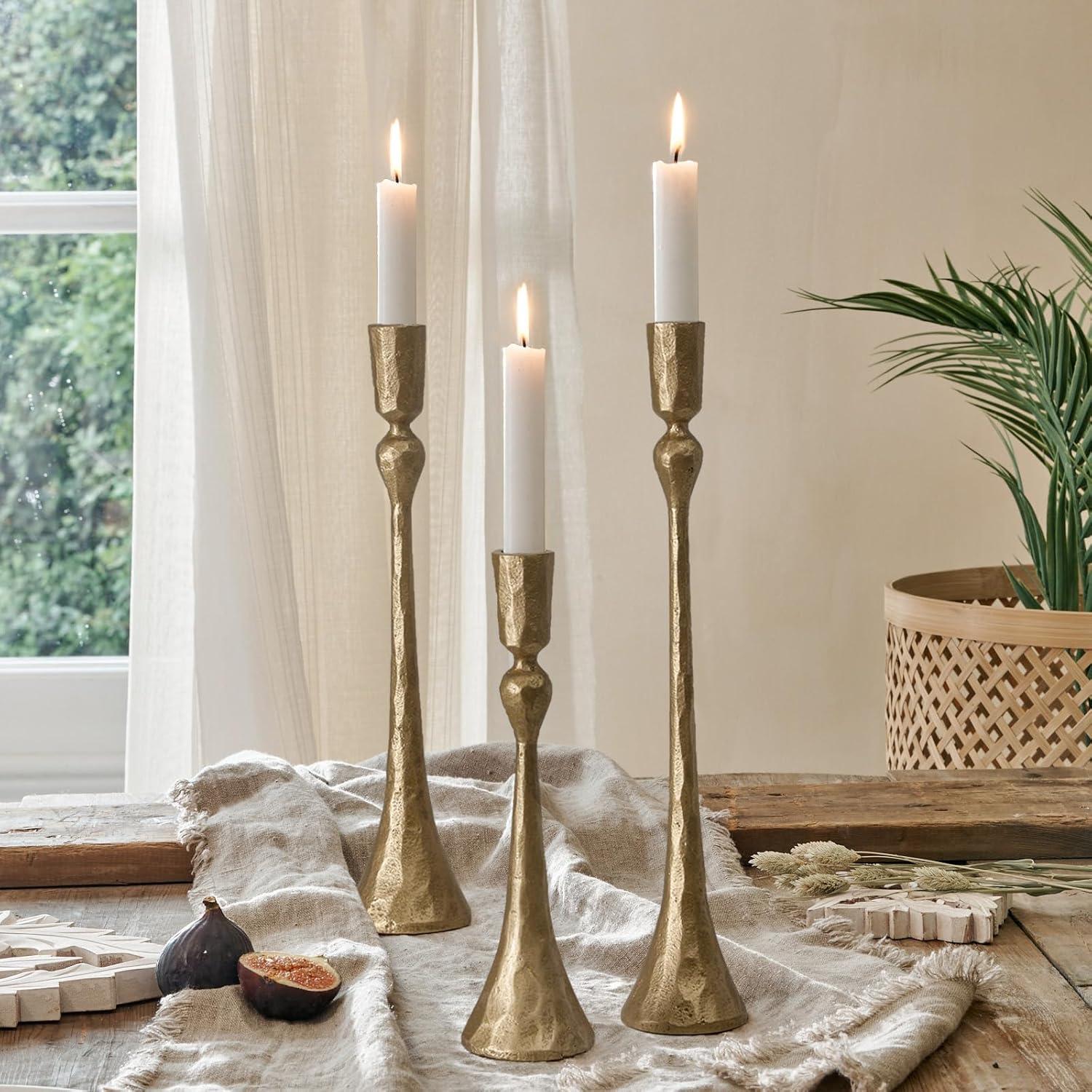 wwbo Set of 3 Exquisite Antique Brass Cast Iron Taper Candle Holders - Elegant Decorative Centerpieces for Wedding  Dining  Party - Tabletop Candlestick Holders for Christmas Decorations