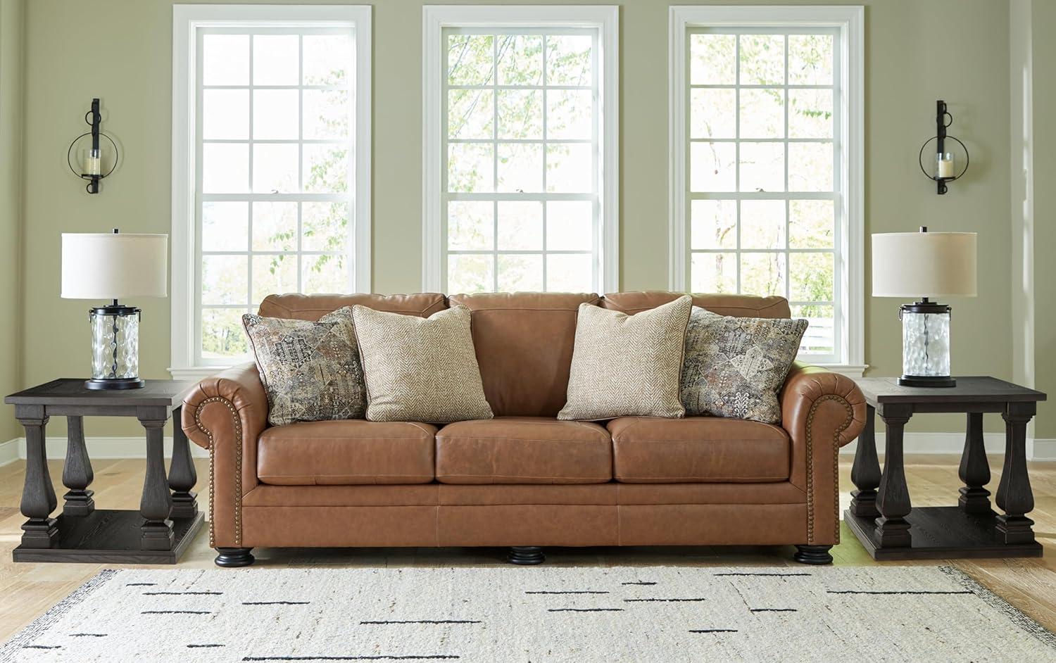 Traditional Brown Faux Leather Sofa with Nailhead Trim