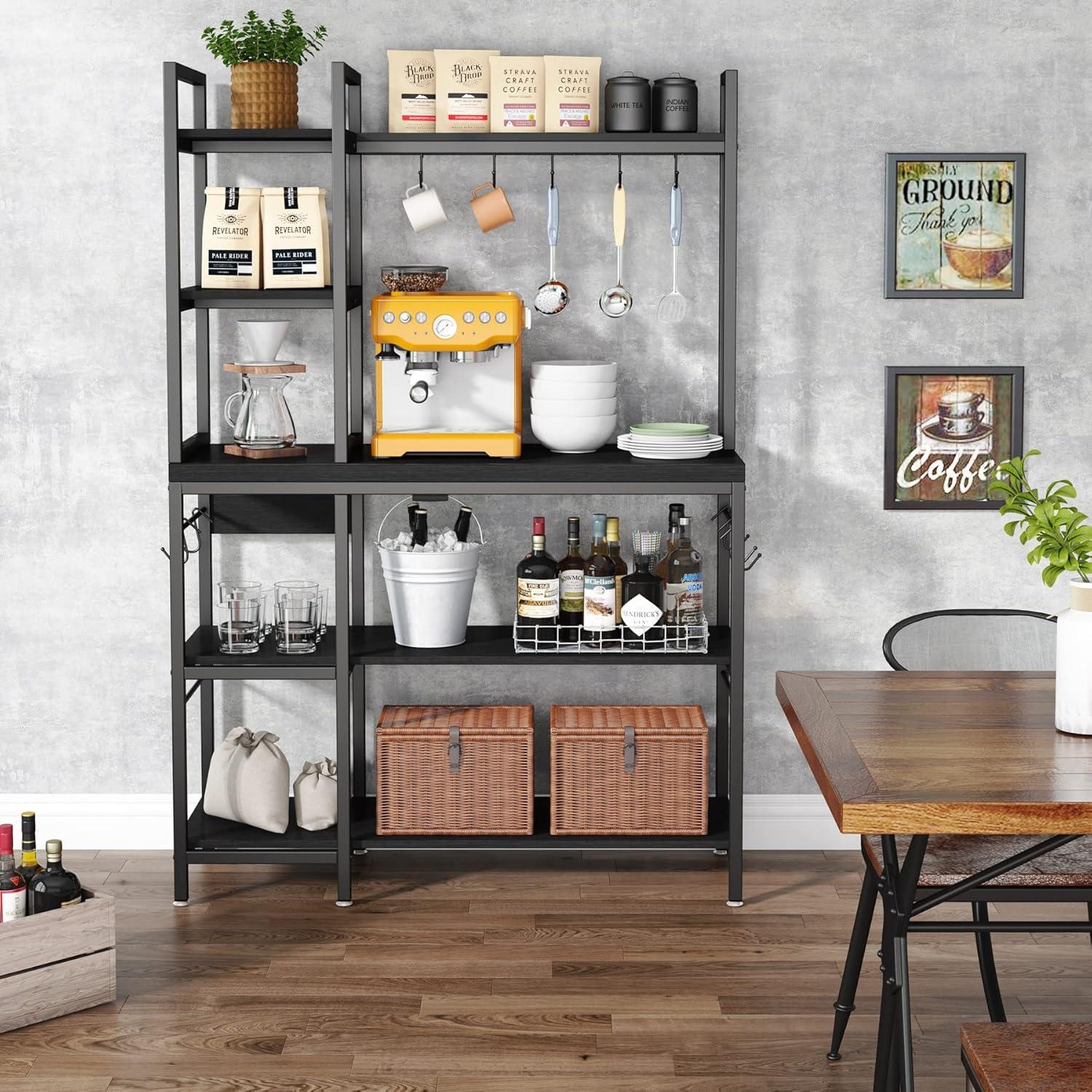 Black Metal 5-Tier Kitchen Utility Storage Rack with Hooks