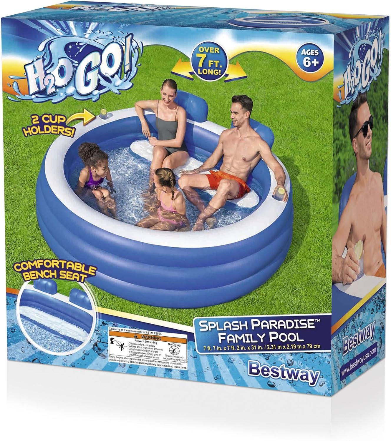 H2OGO! Splash Paradise Outdoor Inflatable Family Swimming Pool with Mosaic Print Floor, Headrests, and Cup Holders, Blue