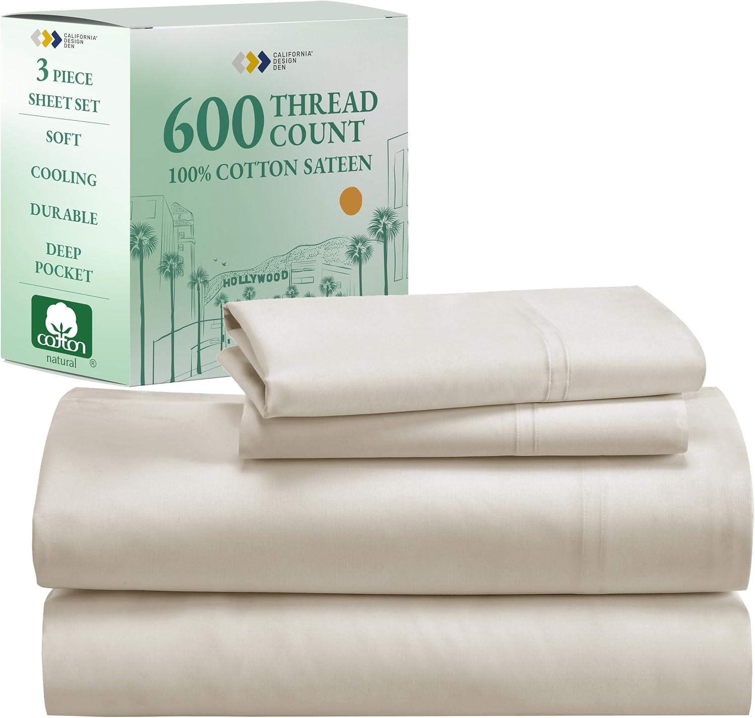 5-Star Luxury Sheet Set | 600 Thread Count 100% Cotton Sateen | Soft & Crisp Bed Sheets with Deep Pockets by California Design Den - Ivory, Twin