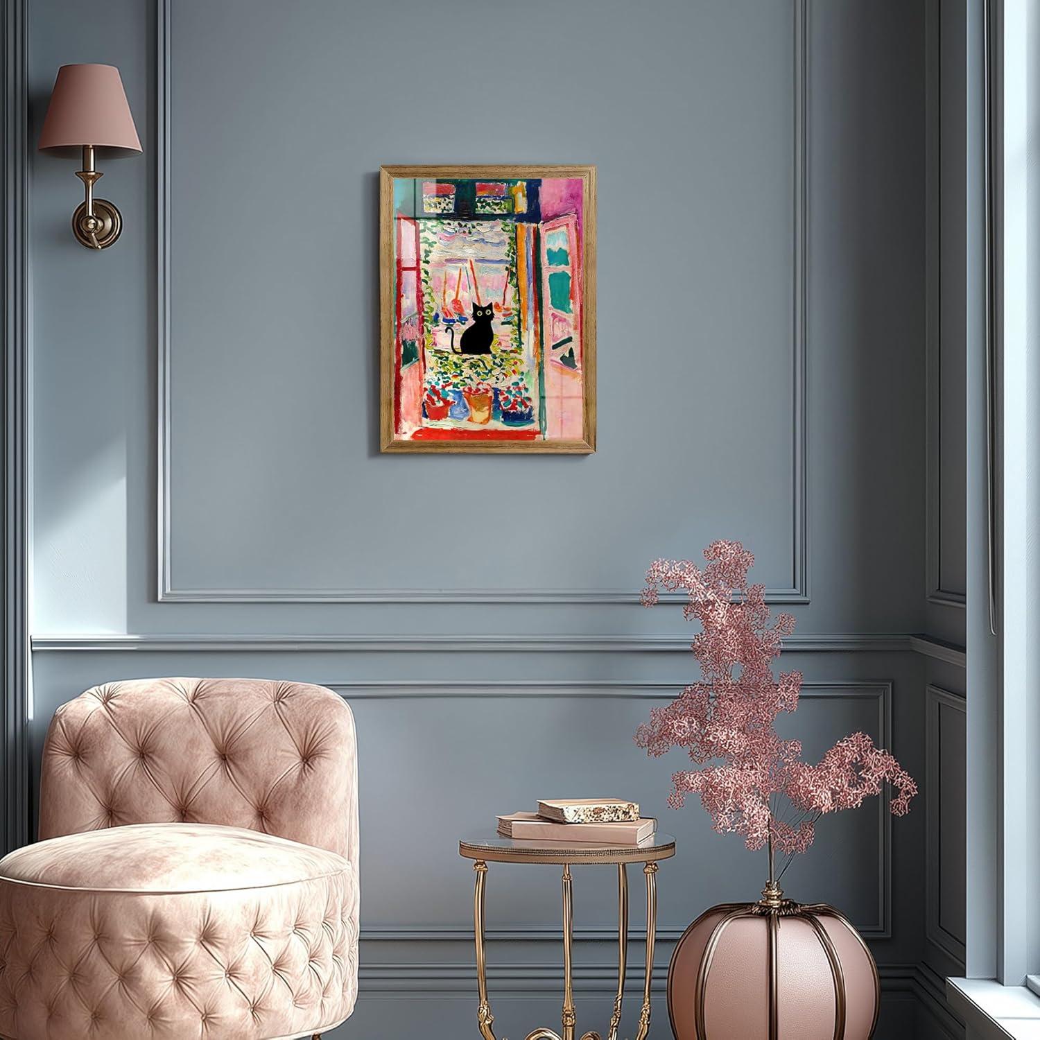 Henri Matisse Oil Paintings on Canvas Wall Art Matisse Famous Open Window Black Cat Poster Funny Cat Floral Print Colorful Farmhouse Gallery Aesthetic Room Decor for Bedroom Bathroom 12x16in Unframed