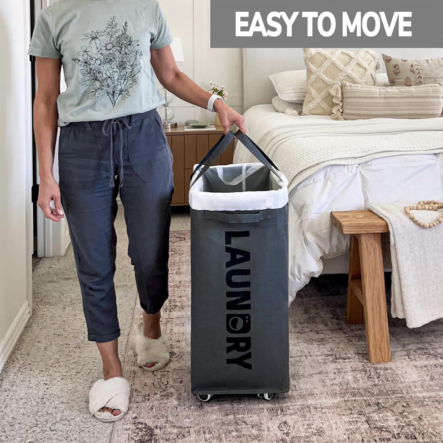 VOKIAL Laundry Basket With Wheels, 2PACK 75L Rolling Laundry Baskets With Removable Laundry Bags, Apartment Essentials, Collapsible Laundry Baskets, Laundry Bag, Corner Dorm Foldable Laundry Baskets, Slim Laundry Baskets