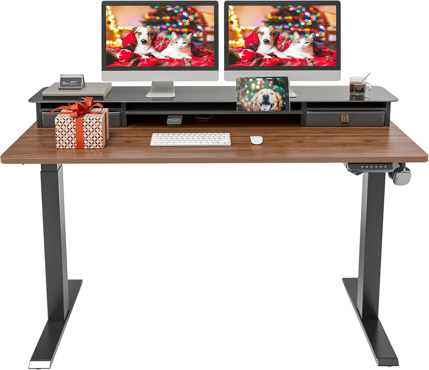 FEZIBO 55 x 24 Inch Height Adjustable Electric Standing Desk with Double Drawer, Sit Stand Desk, Black Walnut