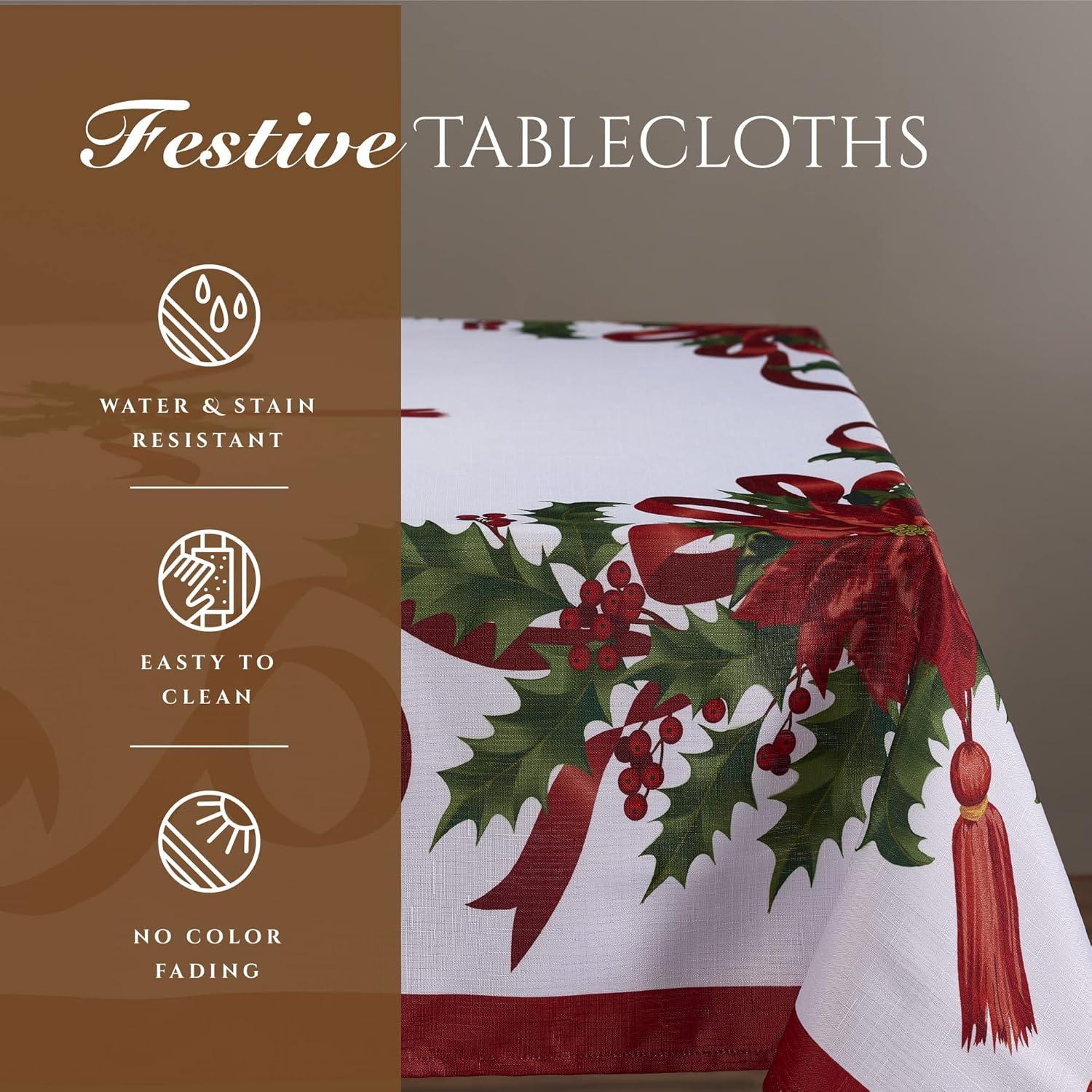 Elegant Christmas Ribbon Tablecloth with Red and Green Design, 60 x 126 Inch