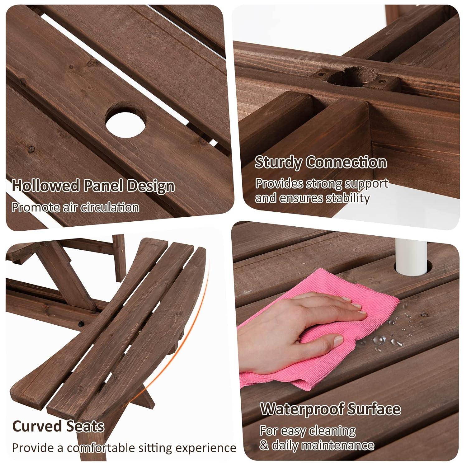 Tangkula 8 Person Wood Picnic Table, Outdoor Round Picnic Table with 4 Built-in Benches, Umbrella Hole, Outside Table and Bench Set for Garden, Backyard, Porch, Patio, 500lbs Capacity Per Bench