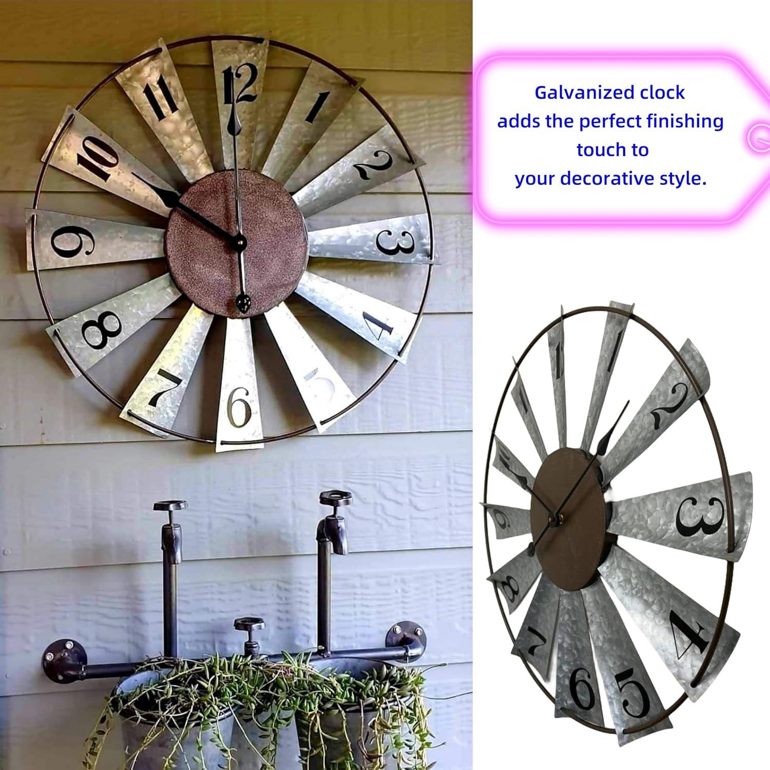 24" Large Farmhouse Decor Wall Clocks Metal Windmill Time Piece Galvanized Silver Analog