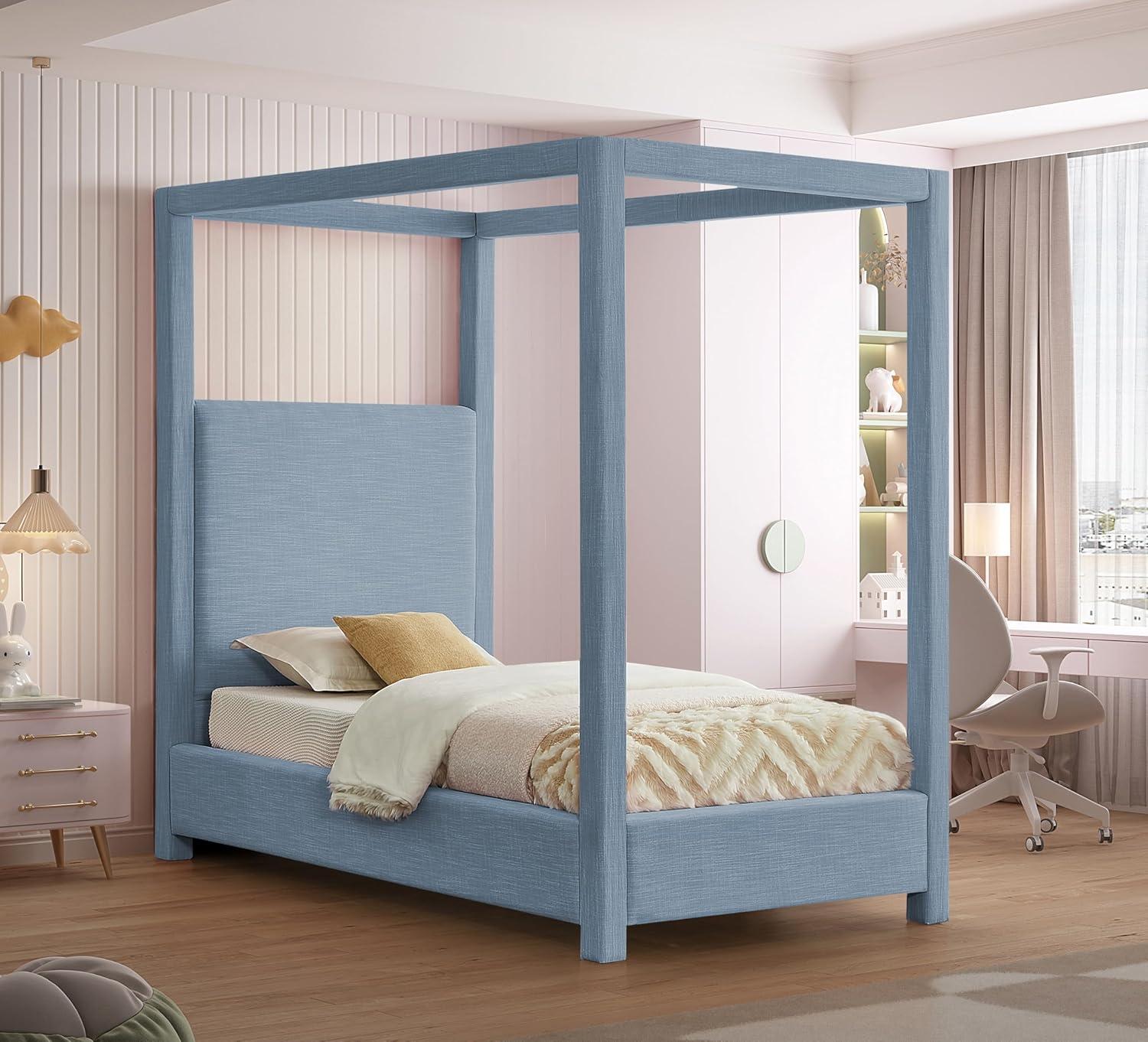 Meridian Furniture Emerson Sky Blue Linen Textured Fabric Queen Bed