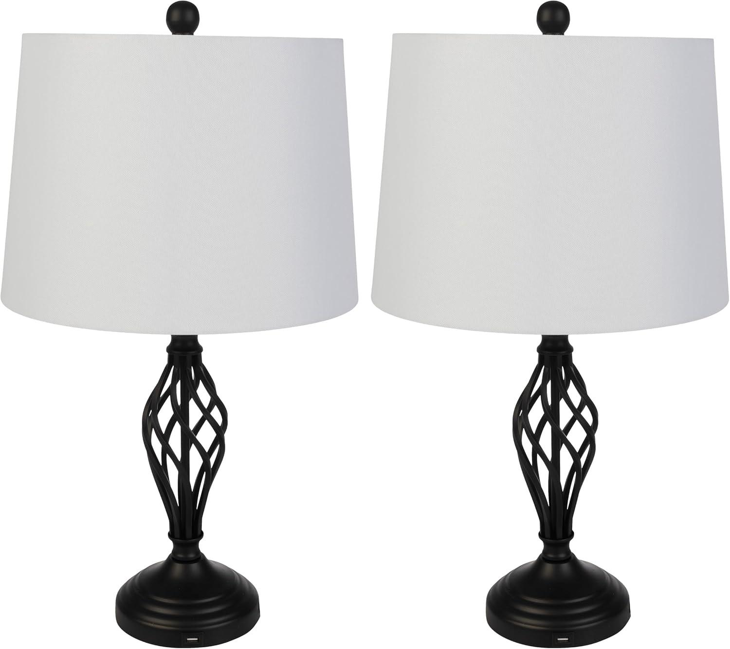 Lavish Home Set of 2 Modern Table Lamps with USB Charging Ports (Black)