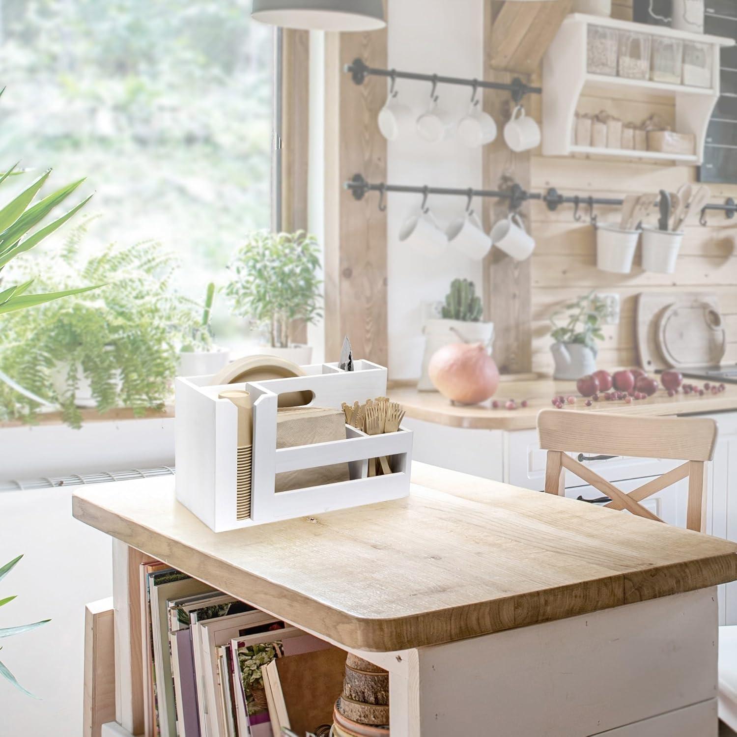 White Wash Farmhouse Wooden Utensil and Condiment Caddy