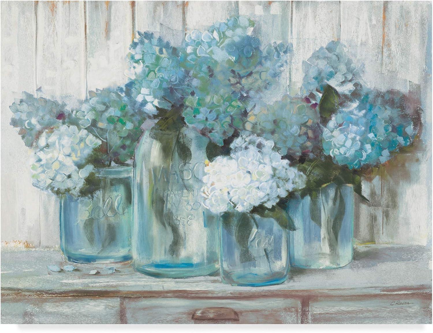 Hydrangeas in Glass Jars Blue Floral Canvas Print