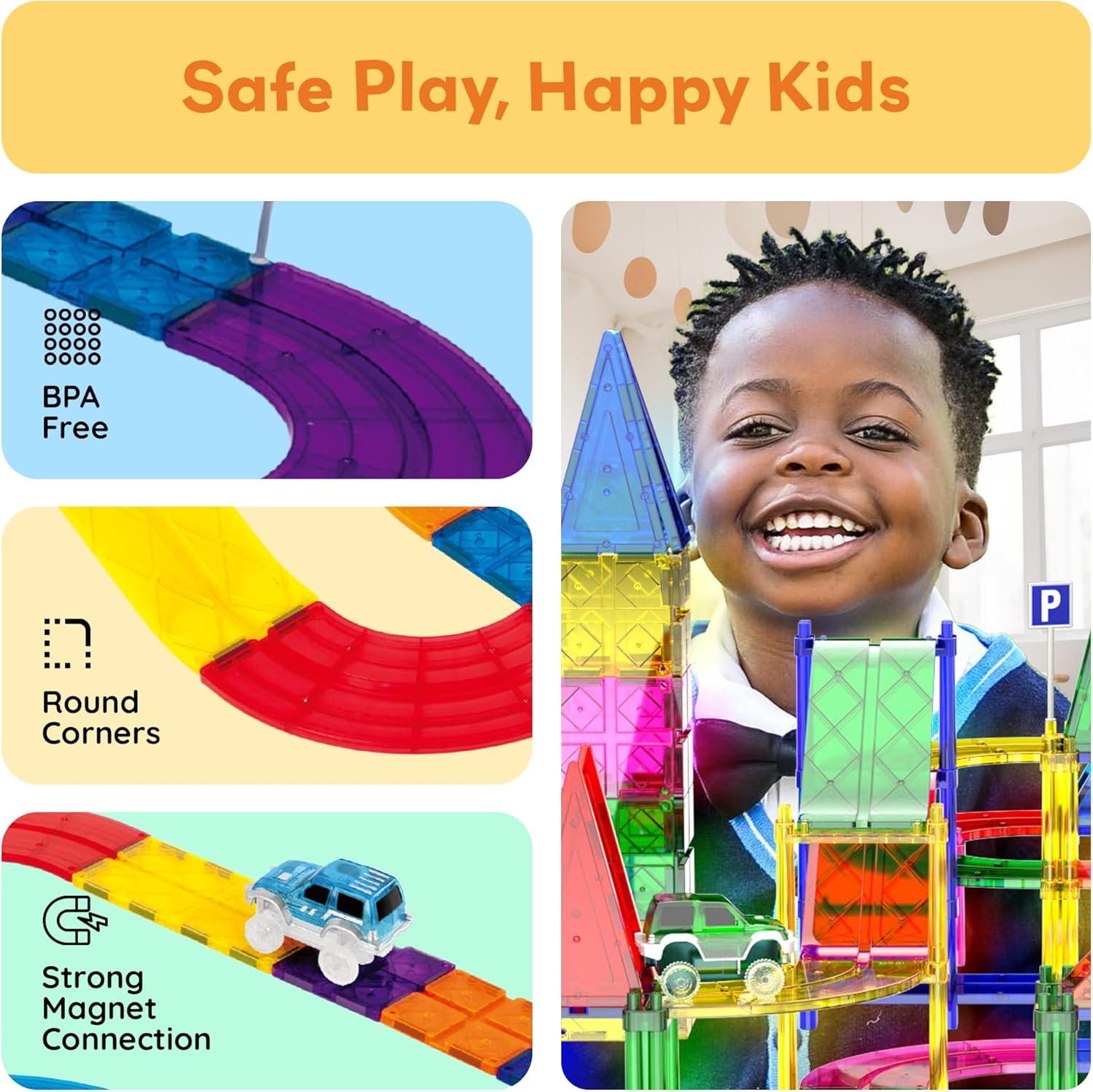 PICASSO-TILES Race Track Magnetic Tiles for Kids, 128PCS with 3 Racing Cars, Construction STEM Building Blocks Educational Toy