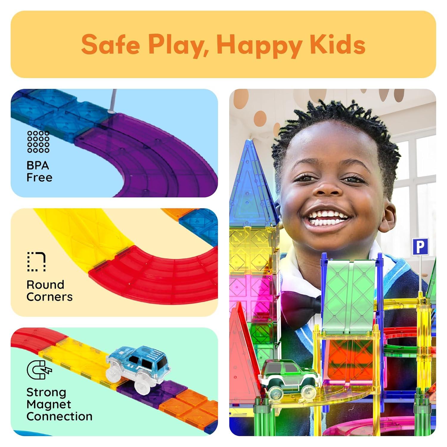 PICASSO-TILES Race Track Magnetic Tiles for Kids, 128PCS with 3 Racing Cars, Construction STEM Building Blocks Educational Toy