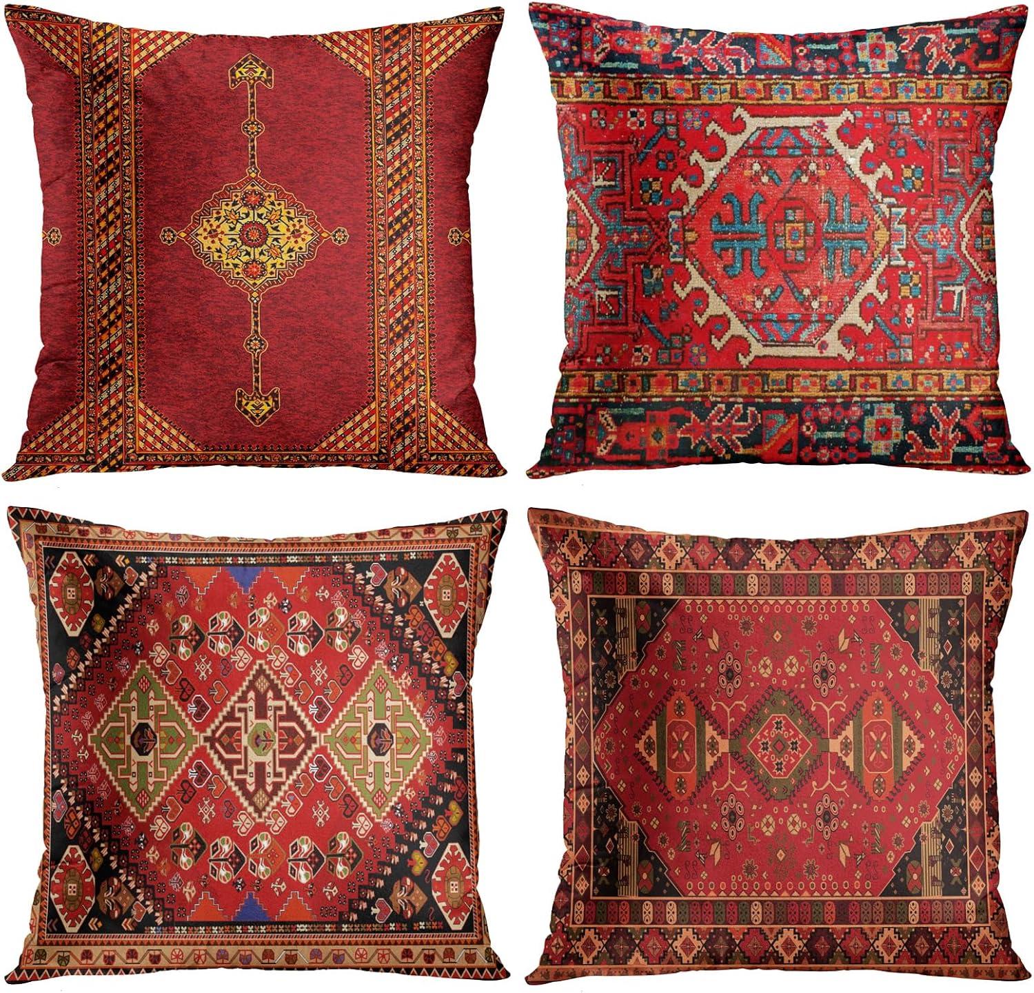 Set of 4 Red and Black Velvet Tribal Pillow Covers