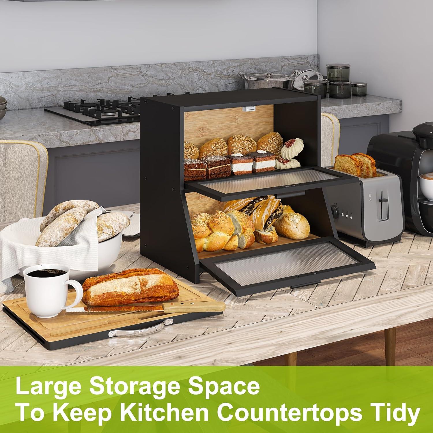 Prep & Savour Large Bread Box For Kitchen Counter, Bamboo Wooden Double Layer Large Capacity Bread Storage Bin With Acrylic Wavy Door Panel (Natural + Cutting Board)
