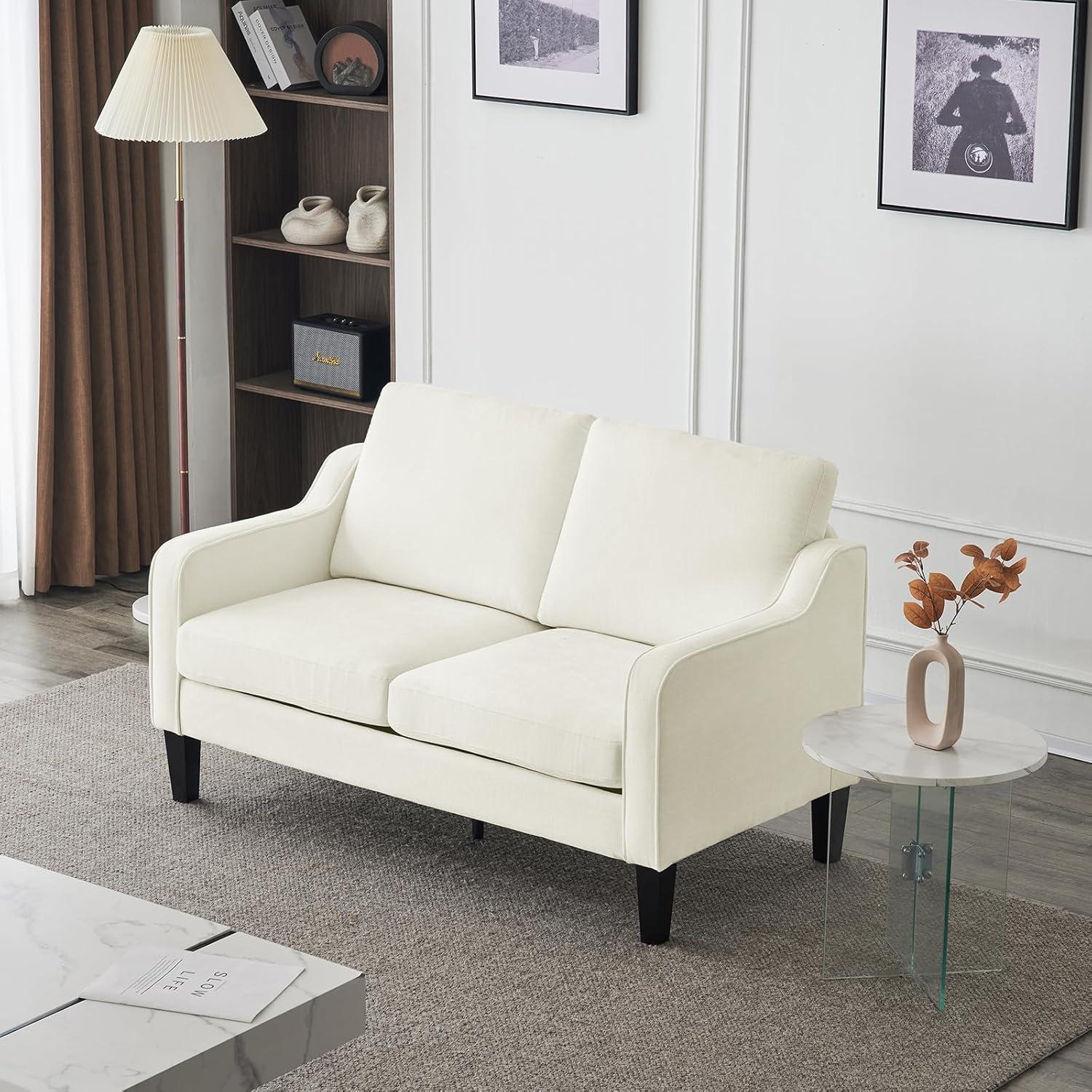 CHAUKY Loveseat Mid-Century Modern Loveseat Sofa Couch 53" Wide 2 Seater Sofa Couch Love Seat with Scooped Armrest for Small Spaces, Living Room, Dorm, Bedroom, Apartment (Creamy White)