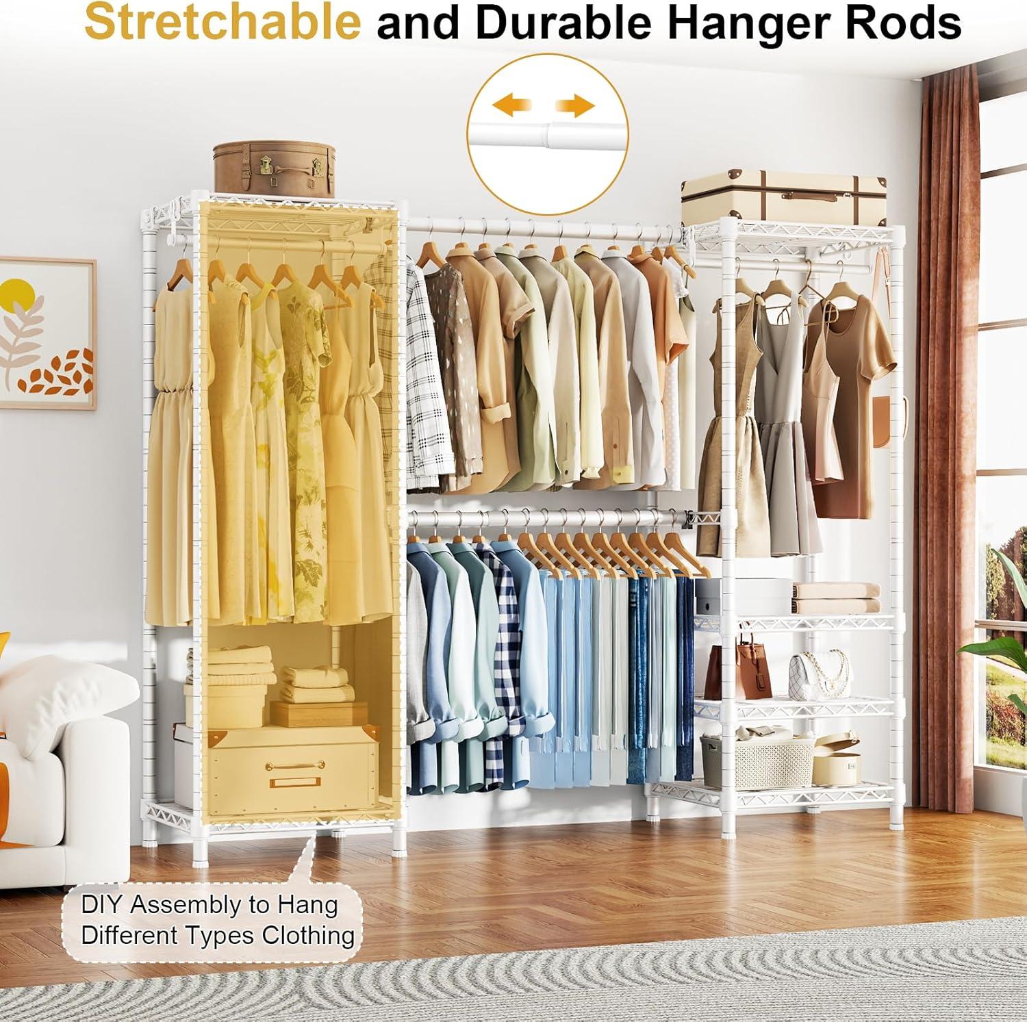 Ulif E7 Heavy Duty Garment Rack, Clothes Organizer and Storage Rack with Expandable Hangers, Metal Clothing Rack with 6 Wire Shelves, (52.3"-72") W x 14.5" D x 71.2" H, Load 838 LBS, White