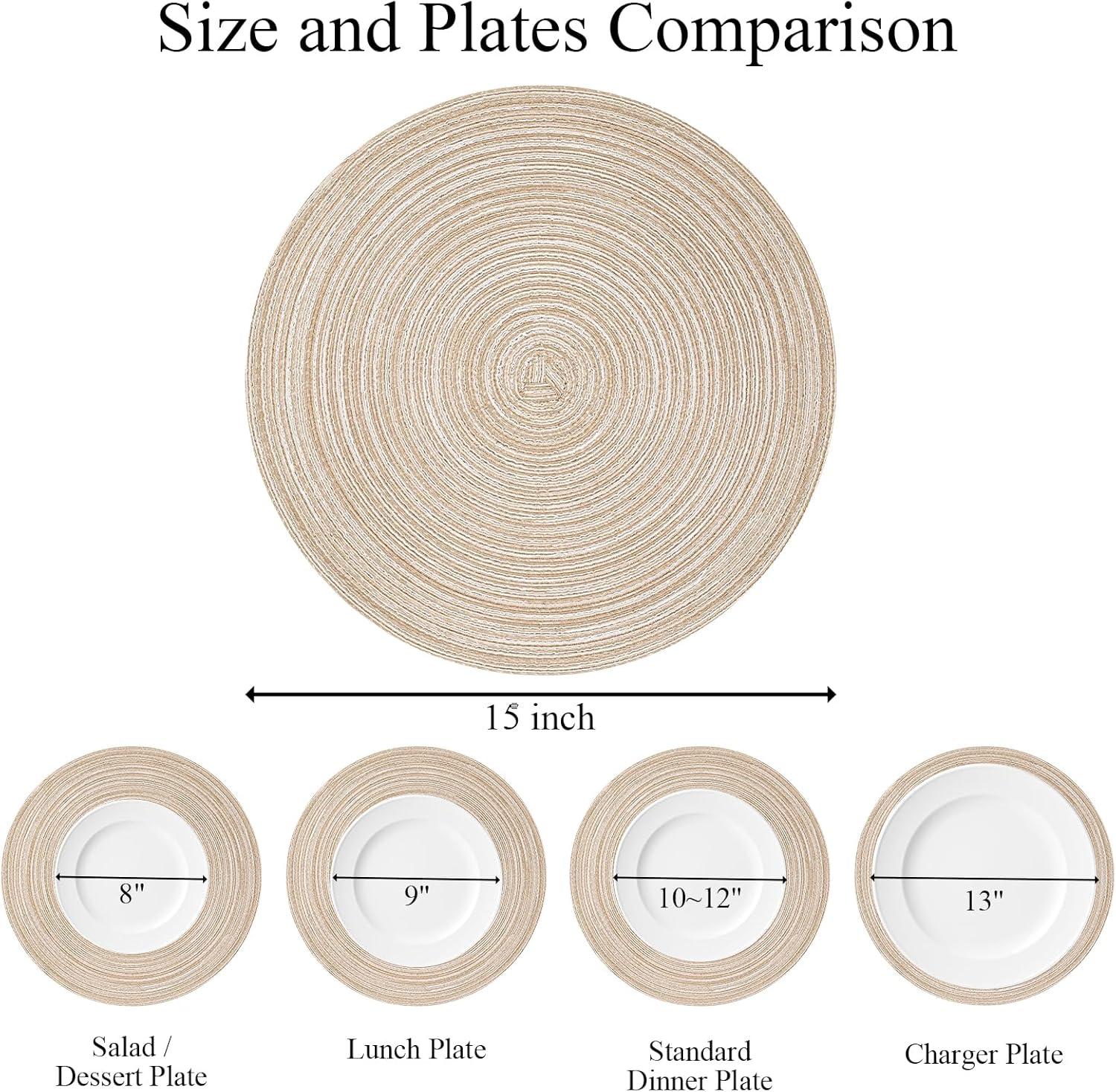 Findosom Round Table Place Mats Set of 6,Woven Braided 15" Christmas Placemats Washable Non-Slip Heat Resistant Table Placemats,Beige