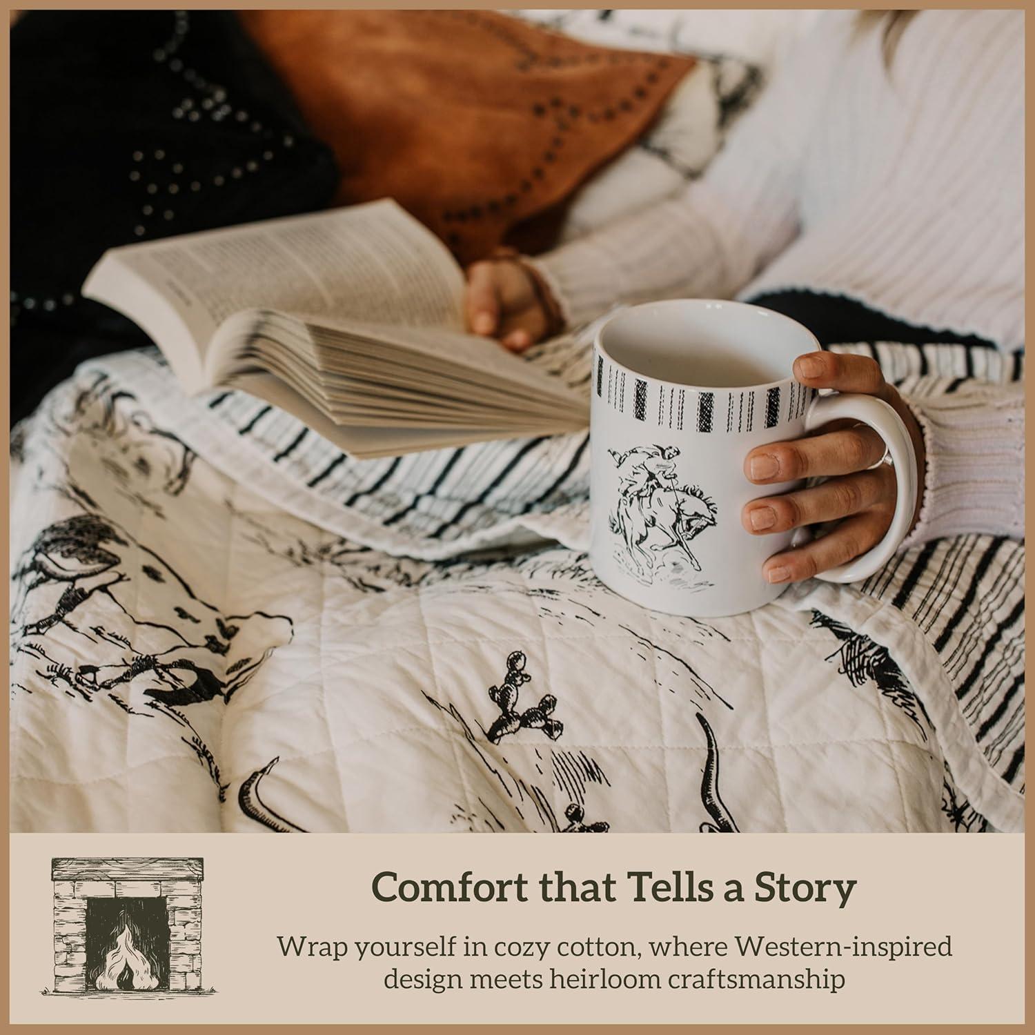 Paseo Road by HiEnd Accents Ranch Life White/Black Cotton Reversible Western Rustic Farmhouse 3 Piece Quilt Set