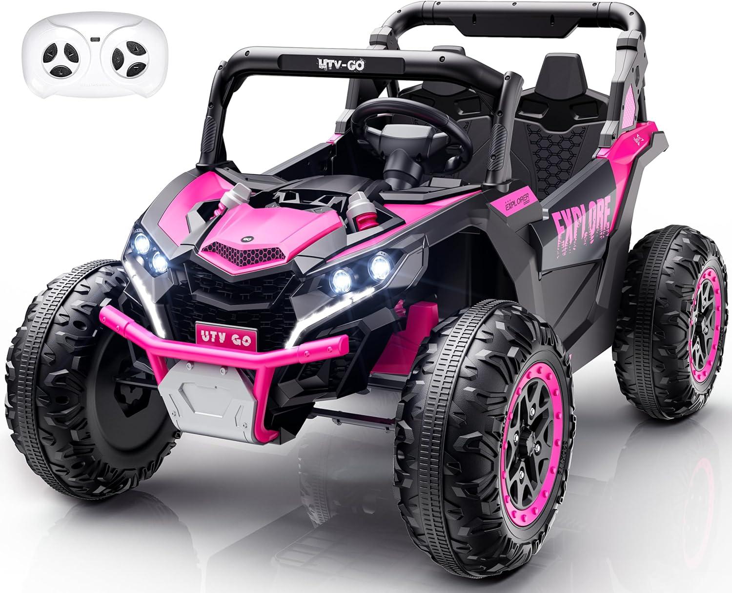 Yisufo 24V Kids Ride on Toys UTV with Remote Control,4WD 2 Seater Ride on Truck Car,7Ah Large Battery Electric Car with 3 Speed, LED Lights, Music for 3-8 Years Kids Pink