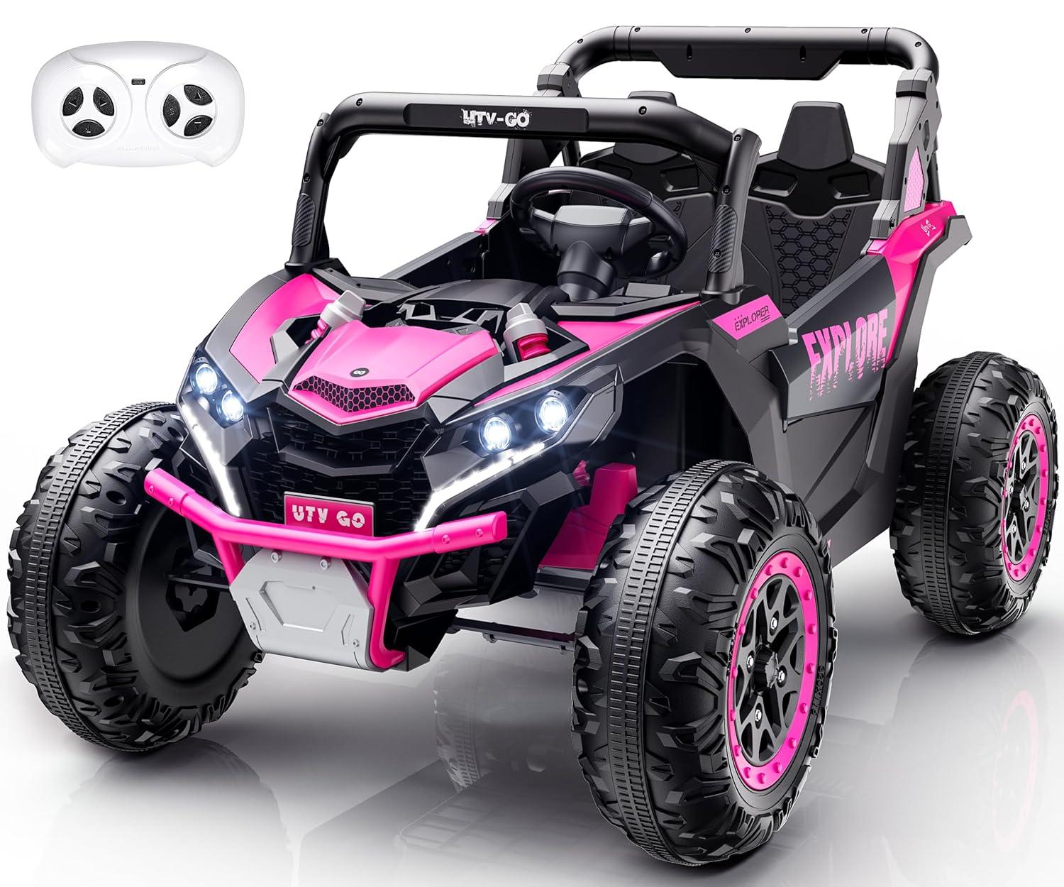 Yisufo 24V Kids Ride on Toys UTV with Remote Control,4WD 2 Seater Ride on Truck Car,7Ah Large Battery Electric Car with 3 Speed, LED Lights, Music for 3-8 Years Kids Pink