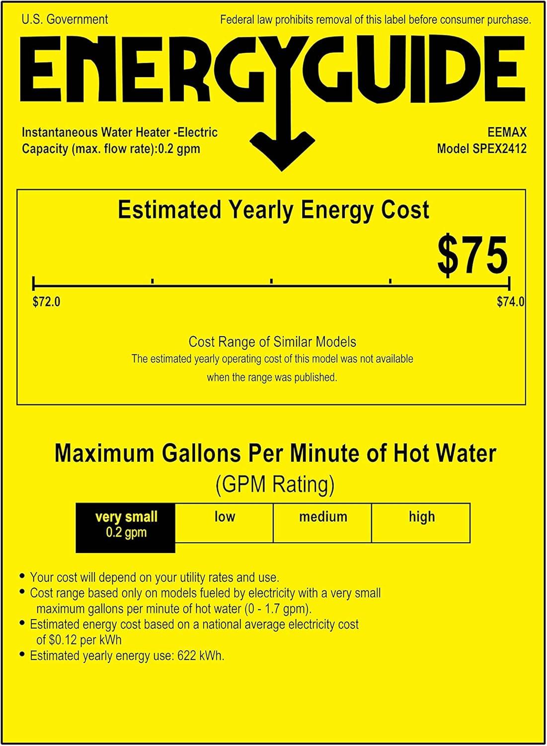 Eemax SPEX2412 2.4kw 120V FlowCo Electric Tankless Water Heater