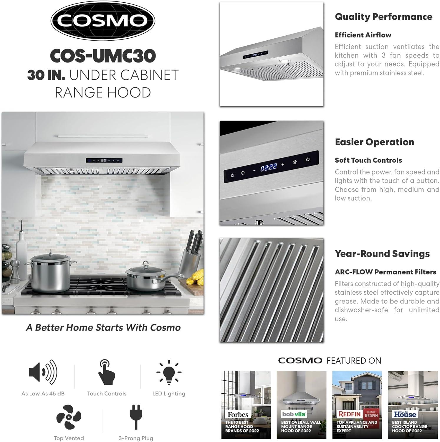 Cosmo 30 in. Under Cabinet Stainless Steel Range Hood with LED Light, 380 CFM, Permanent Filter