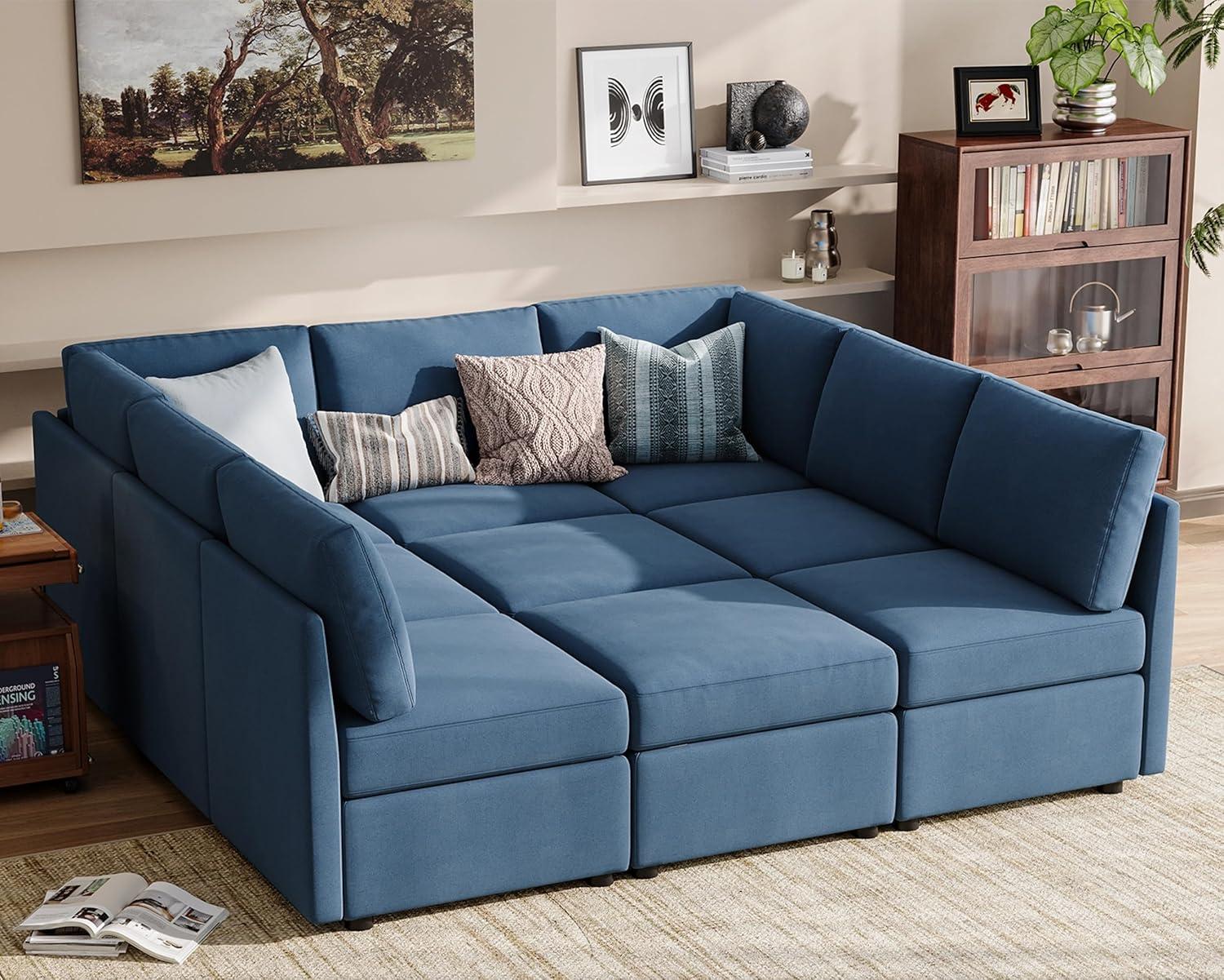 Linsy Home Oversized Modular Couch, Sectional Sofa with Storage Ottomans, Couch with Reversible Chaises, Blue