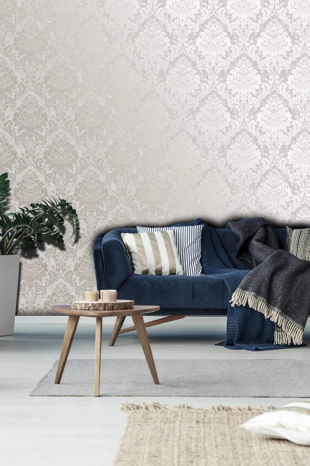 Milan Damask Grey and Rose Gold Textured Wallpaper