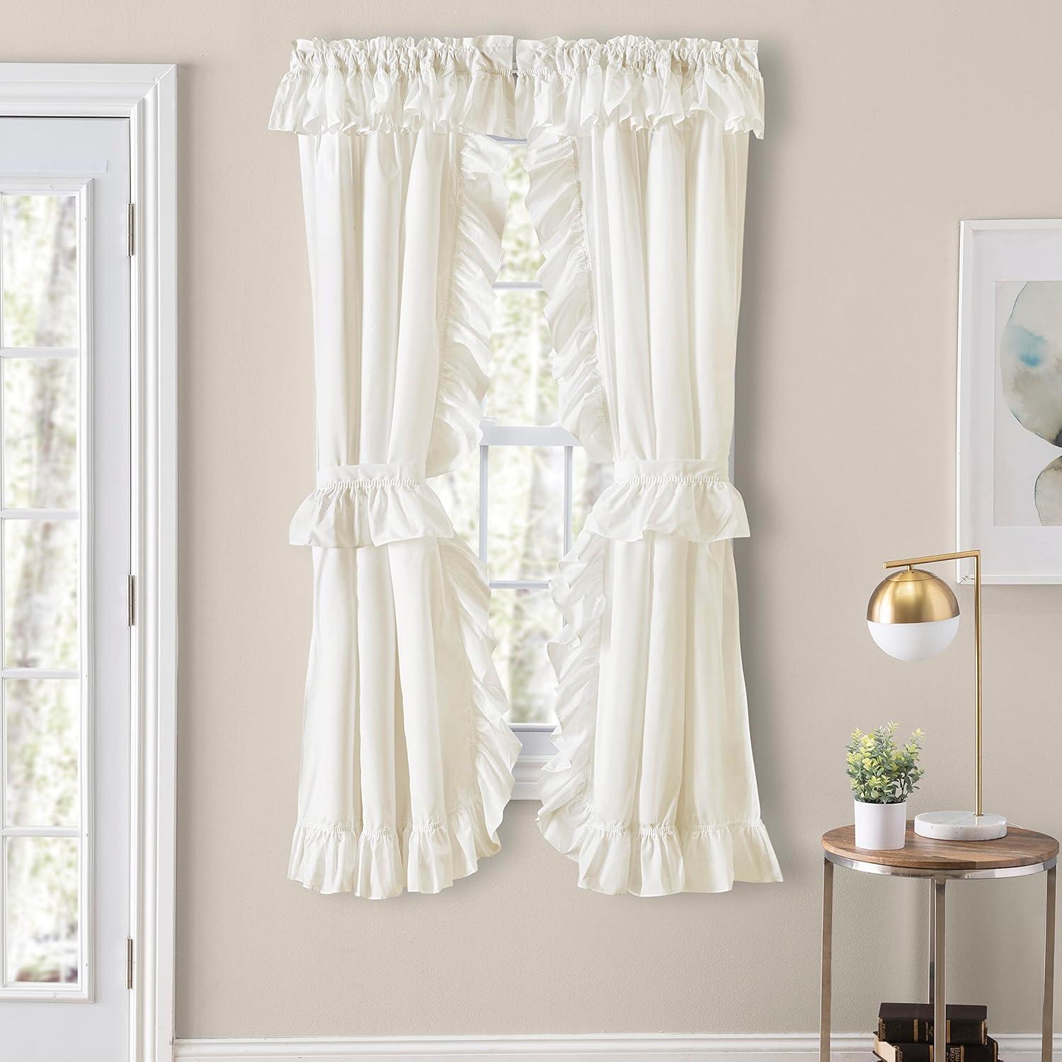 Natural Cotton Polyester Ruffled Rod Pocket Curtain Panel Pair