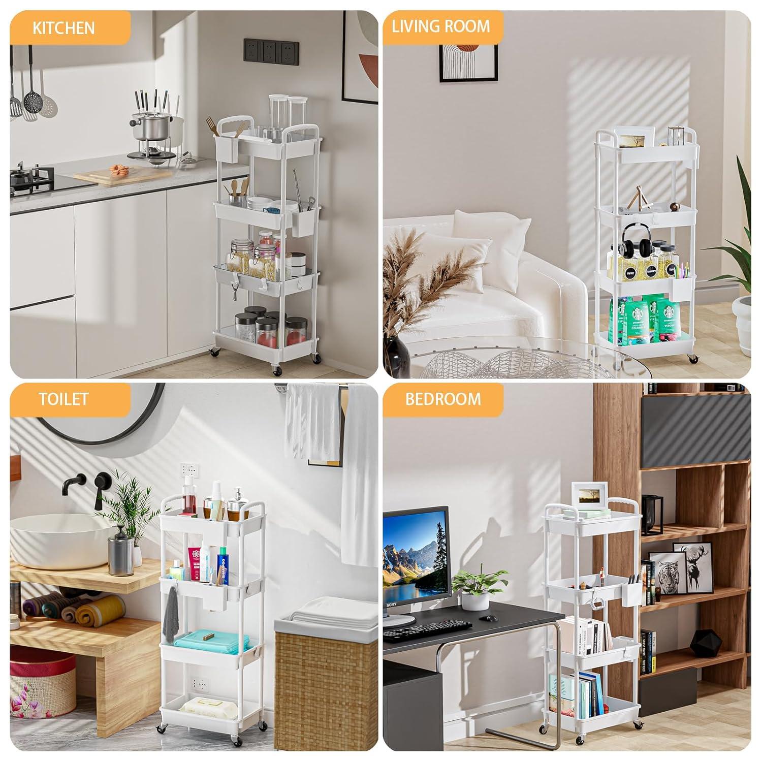 4 Tier Rolling Utility Cart with Handle,REBECAT Utility Cart Made of Multifunctional Storage Organizer Tool for Kitchen,Bathroom,Living Room,Office(White)