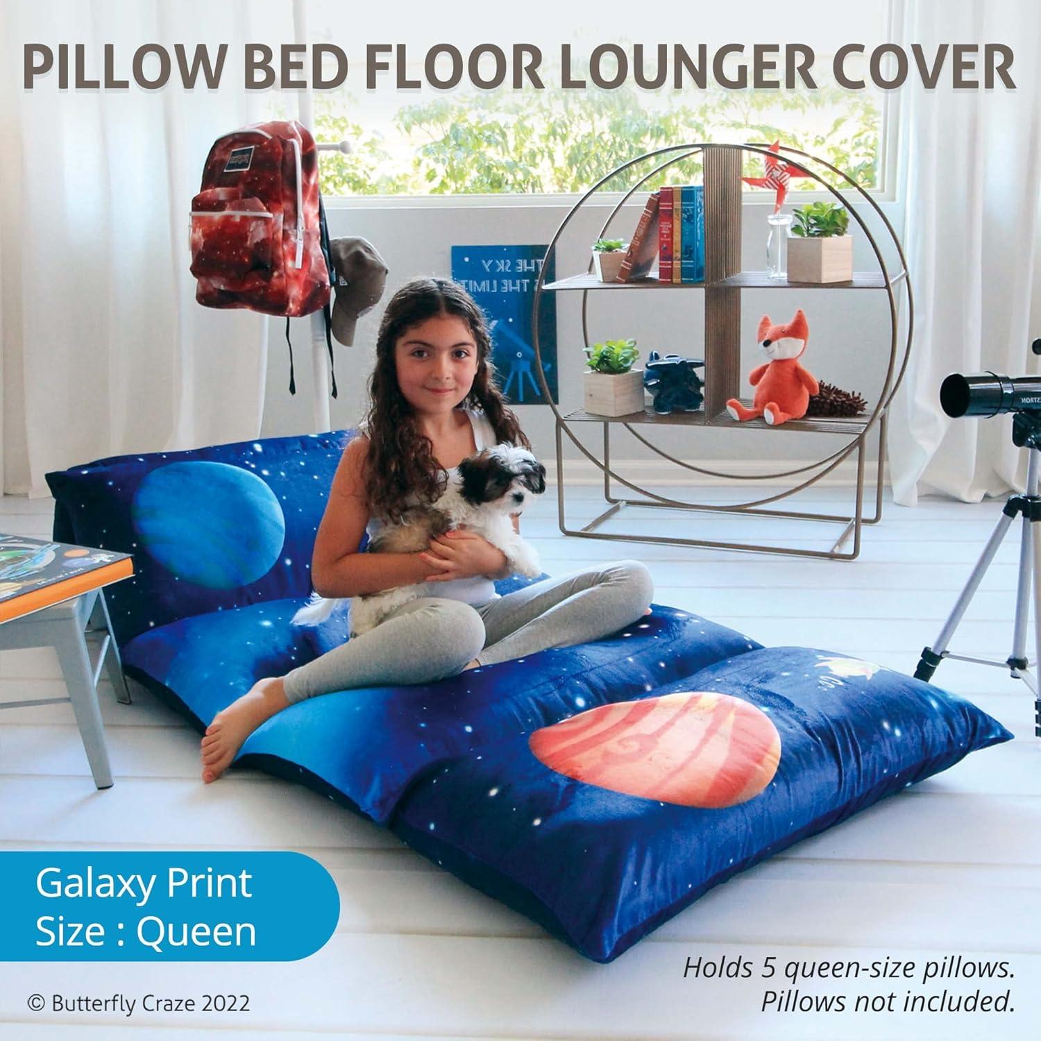 Butterfly Craze Butterfly Craze Floor Pillow Case, Mattress Bed Lounger Cover, Galaxy Blue, Queen Size - for Kids & Adults