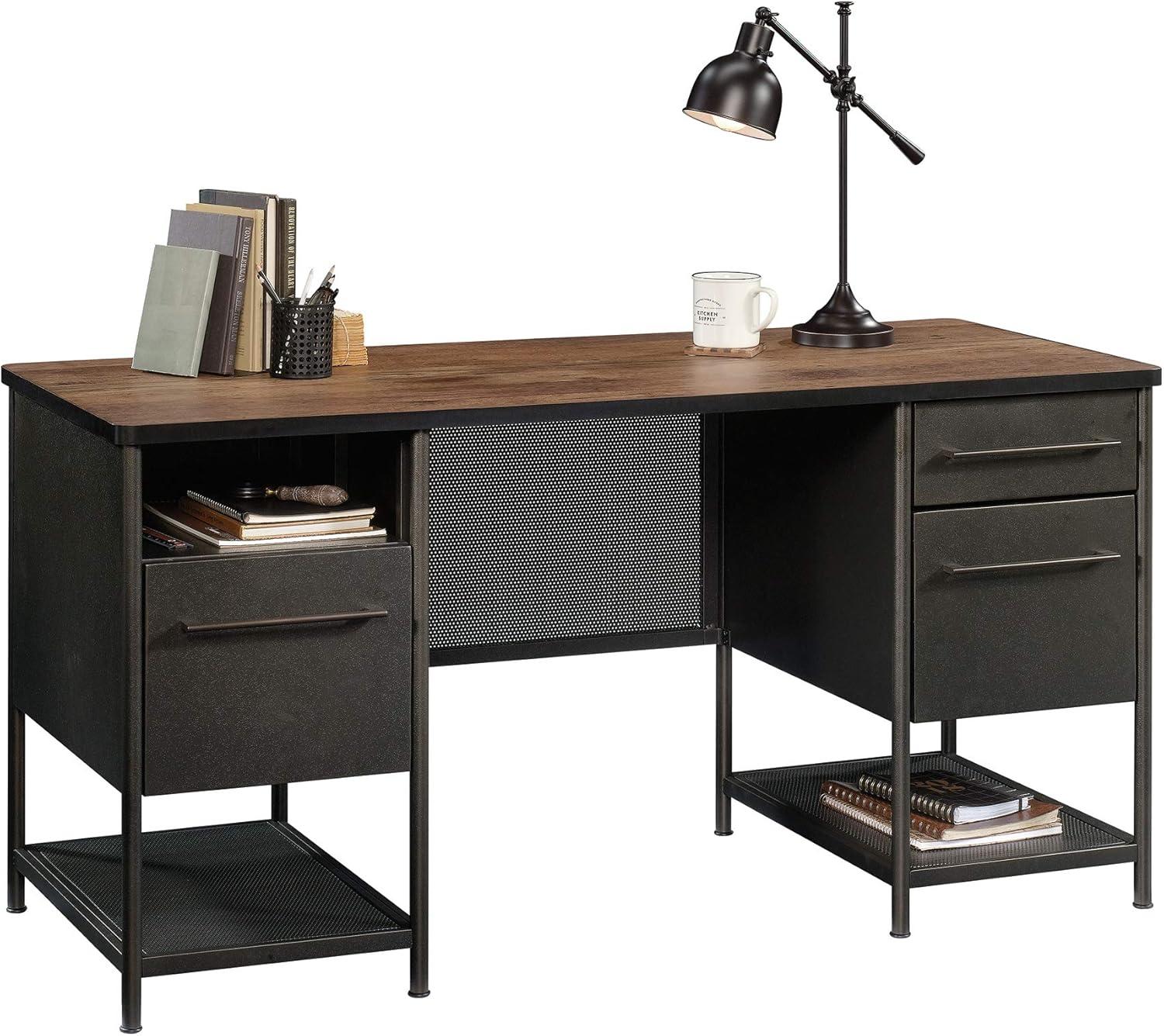 Black Executive Desk with Drawers and Oak Accent