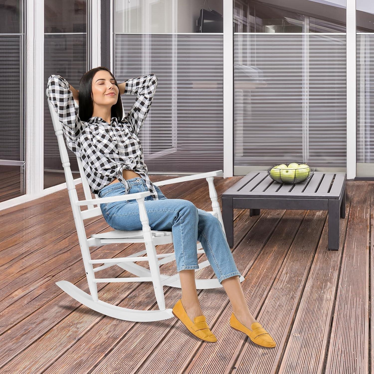 UBesGoo 2 Pack Wood Rocking Chair, r Solid Wood High Back Seat Reclining Seat for Deck, Garden, Backyard, Porch, Indoor or Outdoor Use, White