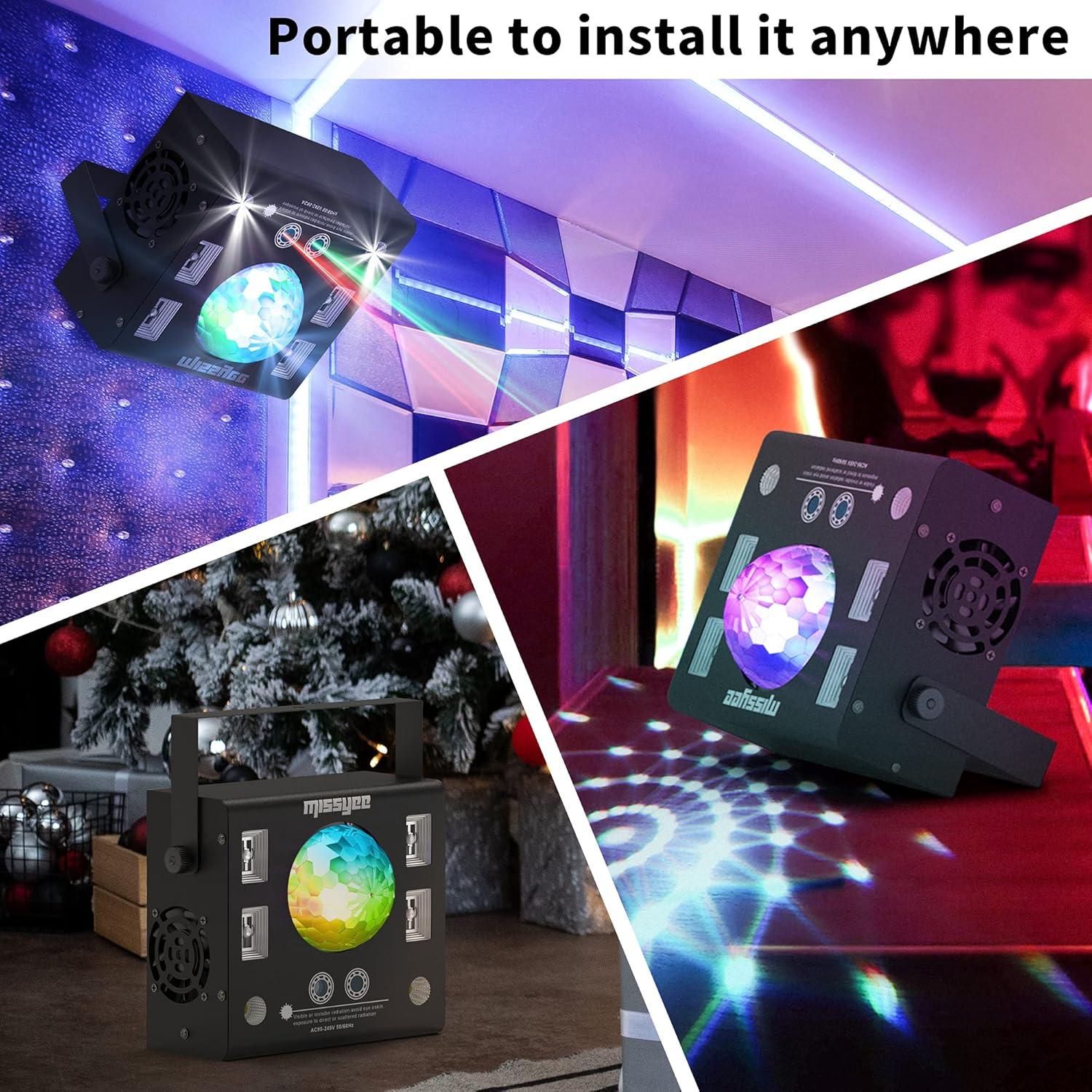 DJ Lights 4 in 1 with Disco Ball, LED Pattern & Strobe Sound Activated Stage Lights, Compatible with DMX Control for Home Dance Wedding Event Party