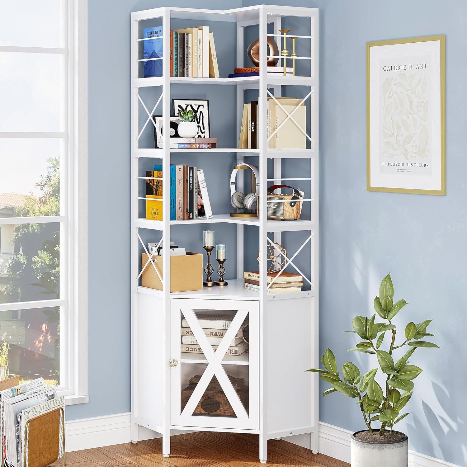 White 7-Tier Corner Bookshelf with Doors and Storage