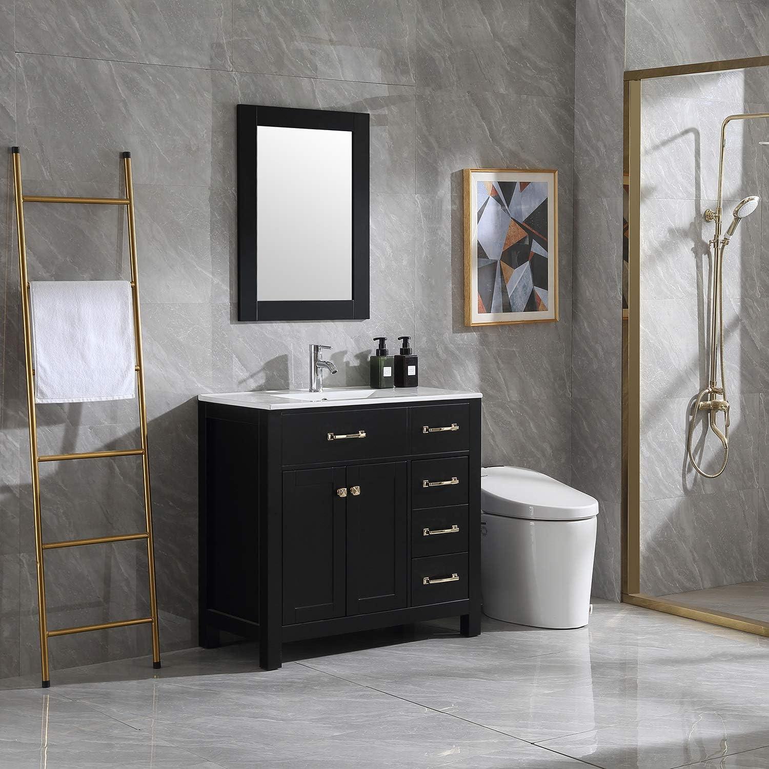 Wonline 36" Luxurious Bathroom Vanity with Sink Combo Set,Free Standing Bathroom Vanity Cabinet w/Thickened Wood, Faucet, Painted Surface, Mirror, Black