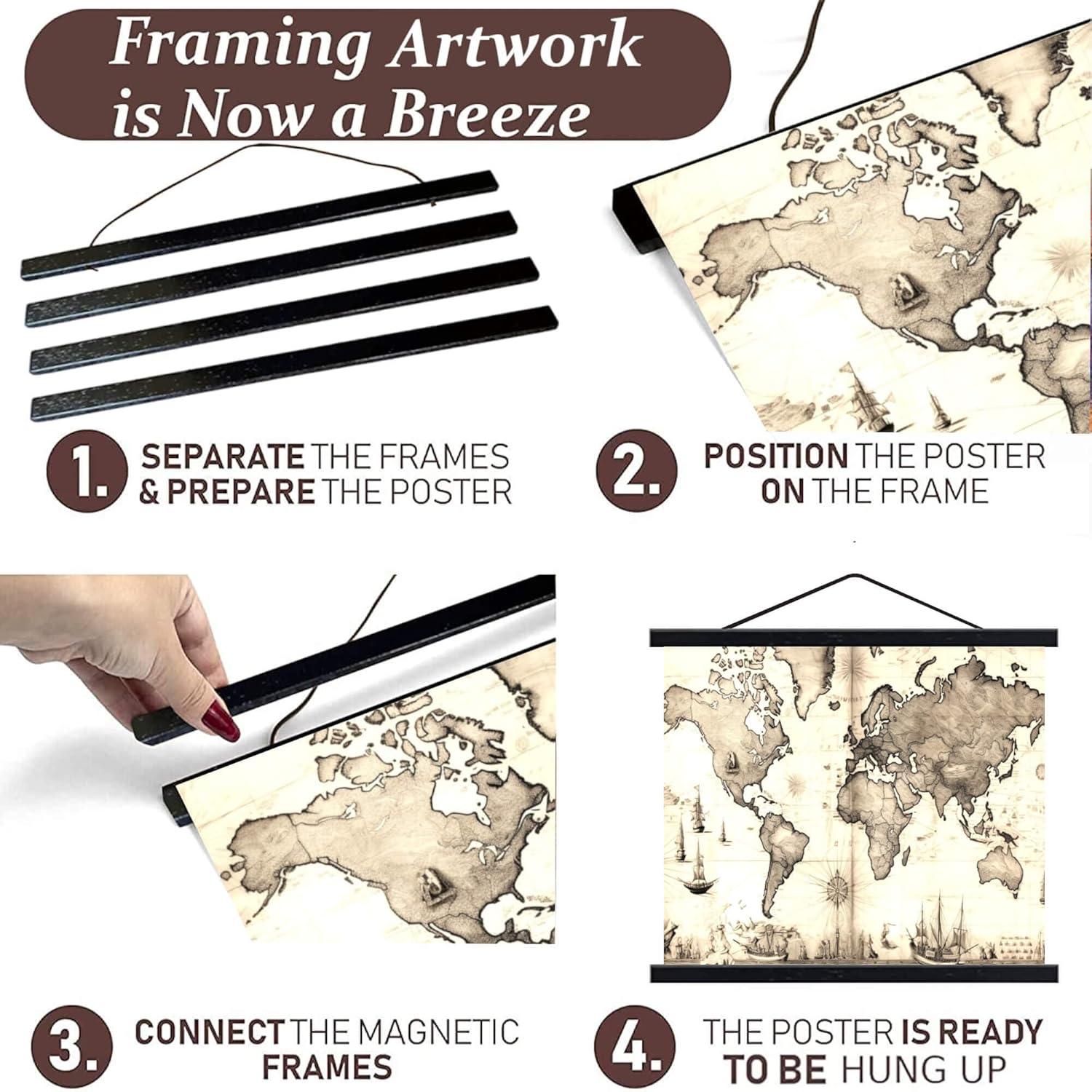 Dacri Home 24 Inch Wide Magnetic Poster Hanger Frame,24x18 24x32 24x36 Wooden Poster Hanger, Strong Magnets for Hanging Posters Maps Pictures Canvas Print Scroll Wall Art (24”, Black)