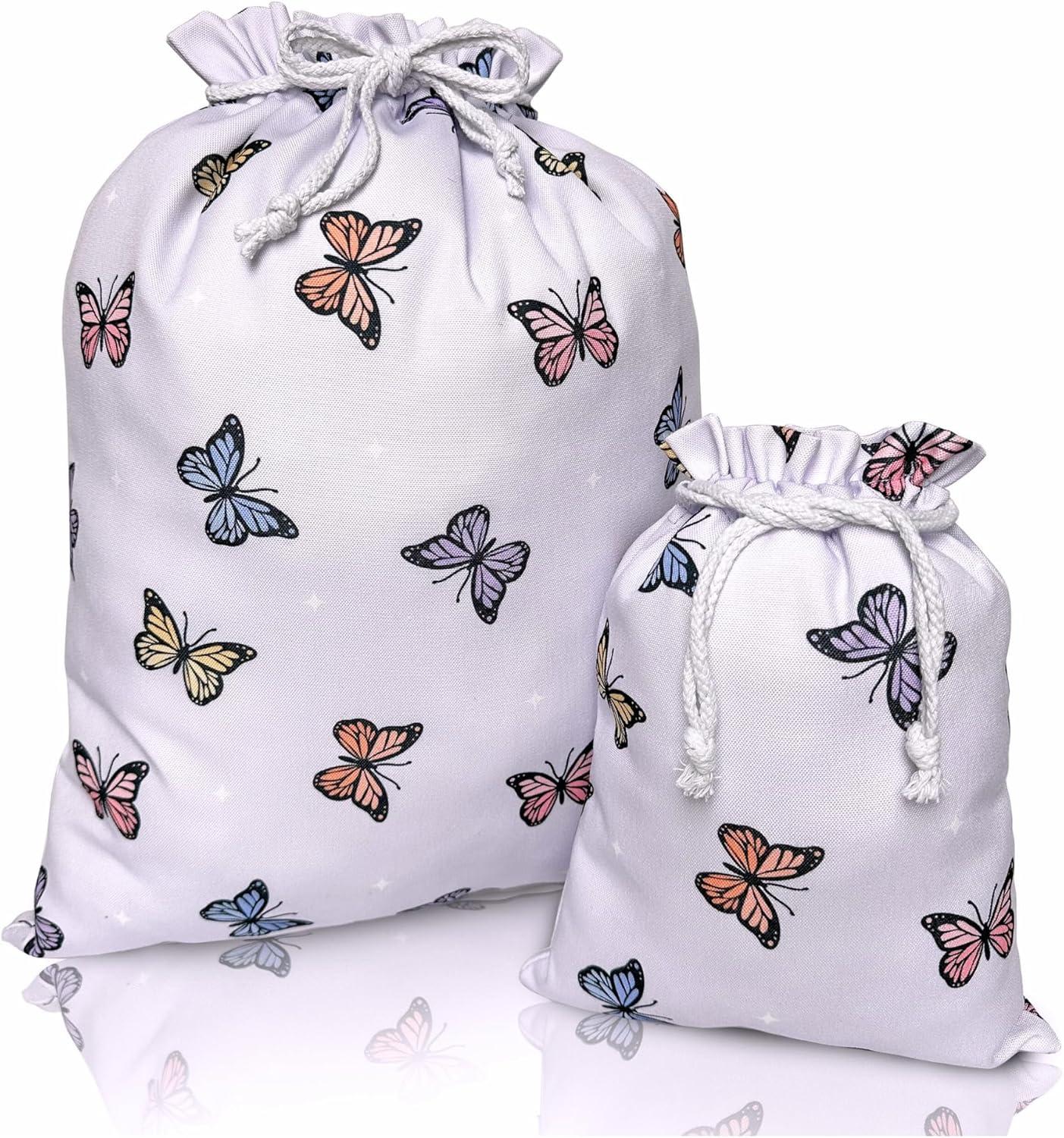Gather & Knot Drawstring Gift Bags | 20" Large 12" Small | Premium Canvas | Reusable Fabric Wrap for Baby Shower or Girl Birthday | Butterfly