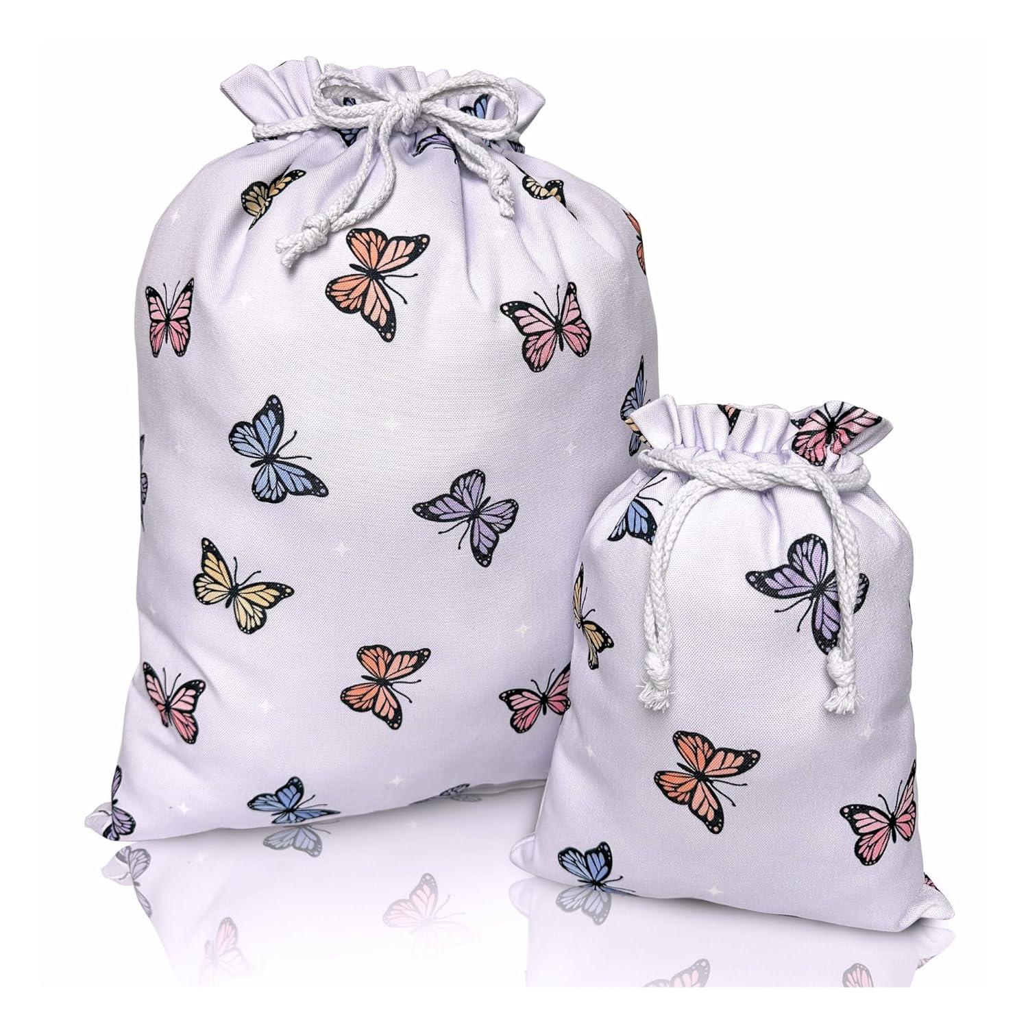 Gather & Knot Drawstring Gift Bags | 20" Large 12" Small | Premium Canvas | Reusable Fabric Wrap for Baby Shower or Girl Birthday | Butterfly