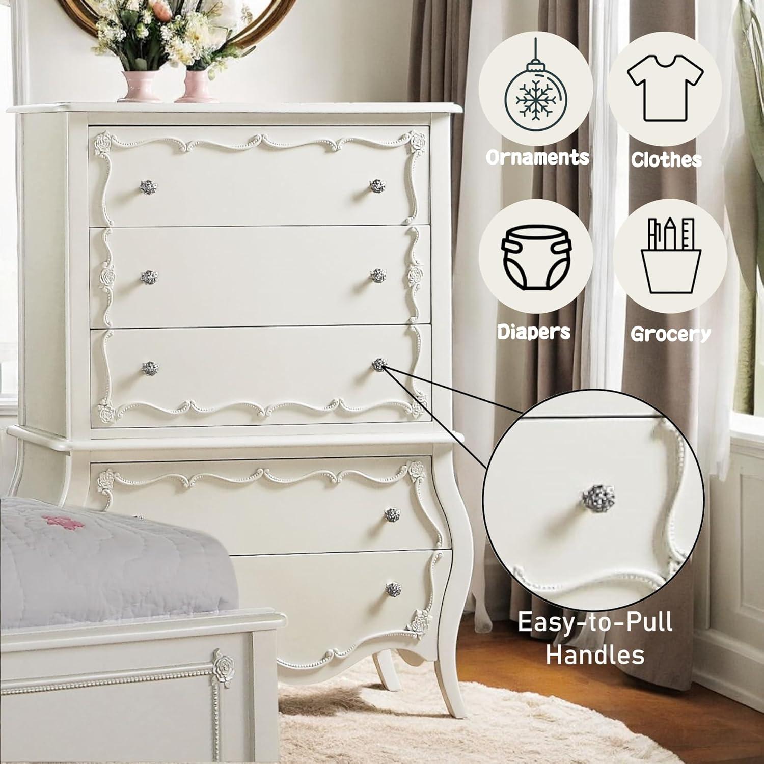 Edalene 37" Decorative Storage Drawers Pearl White - Acme Furniture: Clear Rosette Knobs, Floral Felt-Lined, Nickel Rose Hardware