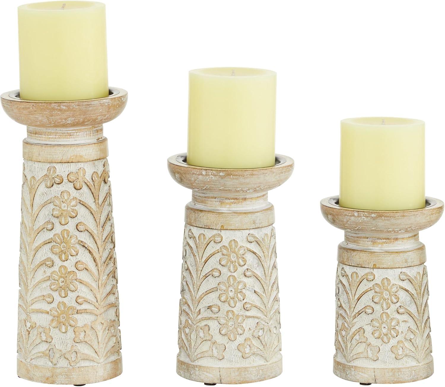 Gracie Oaks Mango Wood Floral Handmade Decorative Candle Holder Carved Pillar Candle Stand With Cream Accents, Set Of 3 Candlestick Holder 6", 8", 10"H, Brown