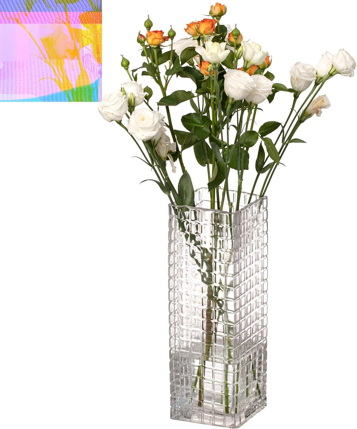 Uniquewise Large Square Frosted Clear Glass Table Vase - A Timeless Centerpiece for Dining Tables, Living Rooms, Bedrooms, Hotel Reception Areas