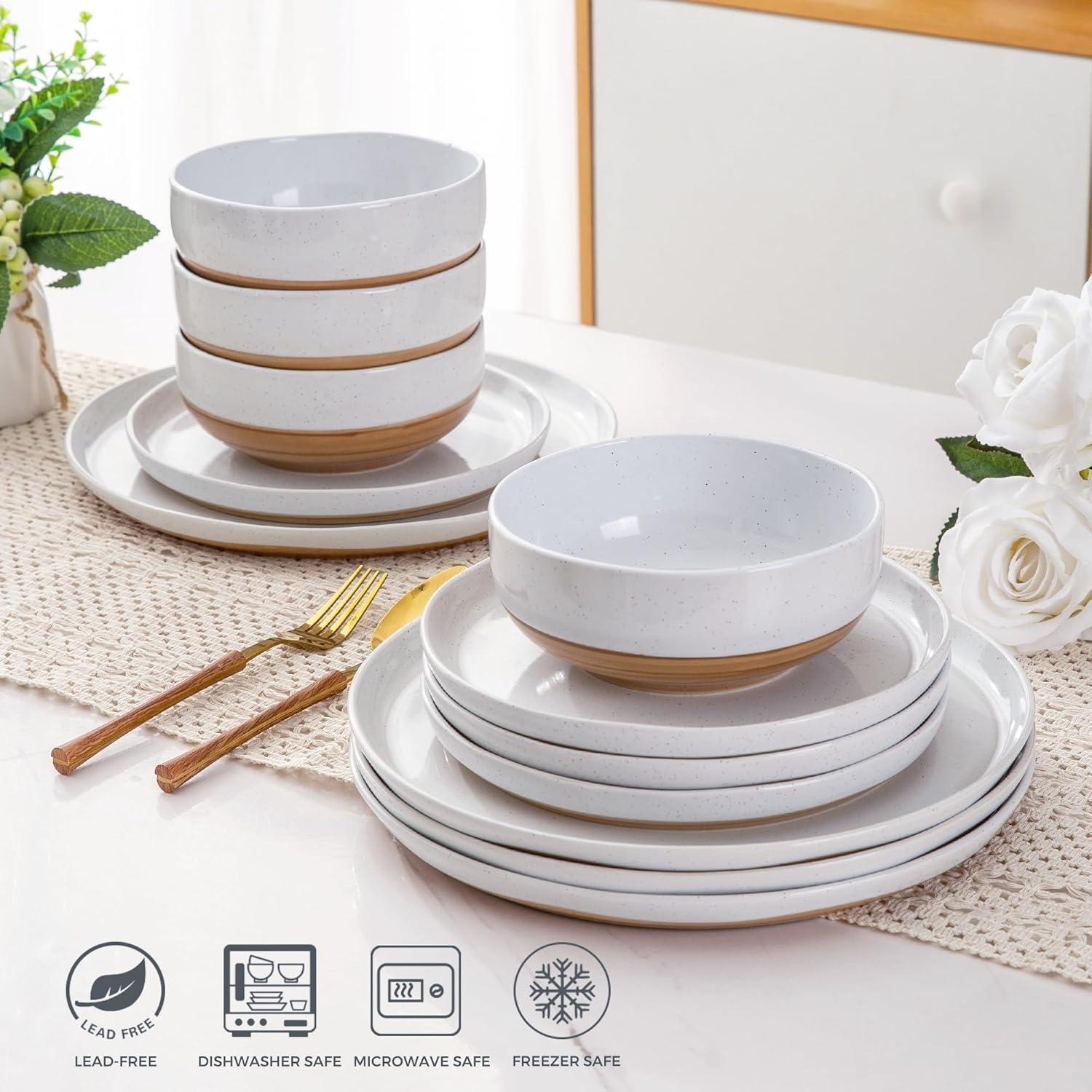 White and Terracotta Ceramic Dinnerware Set for 4, 12 Pieces