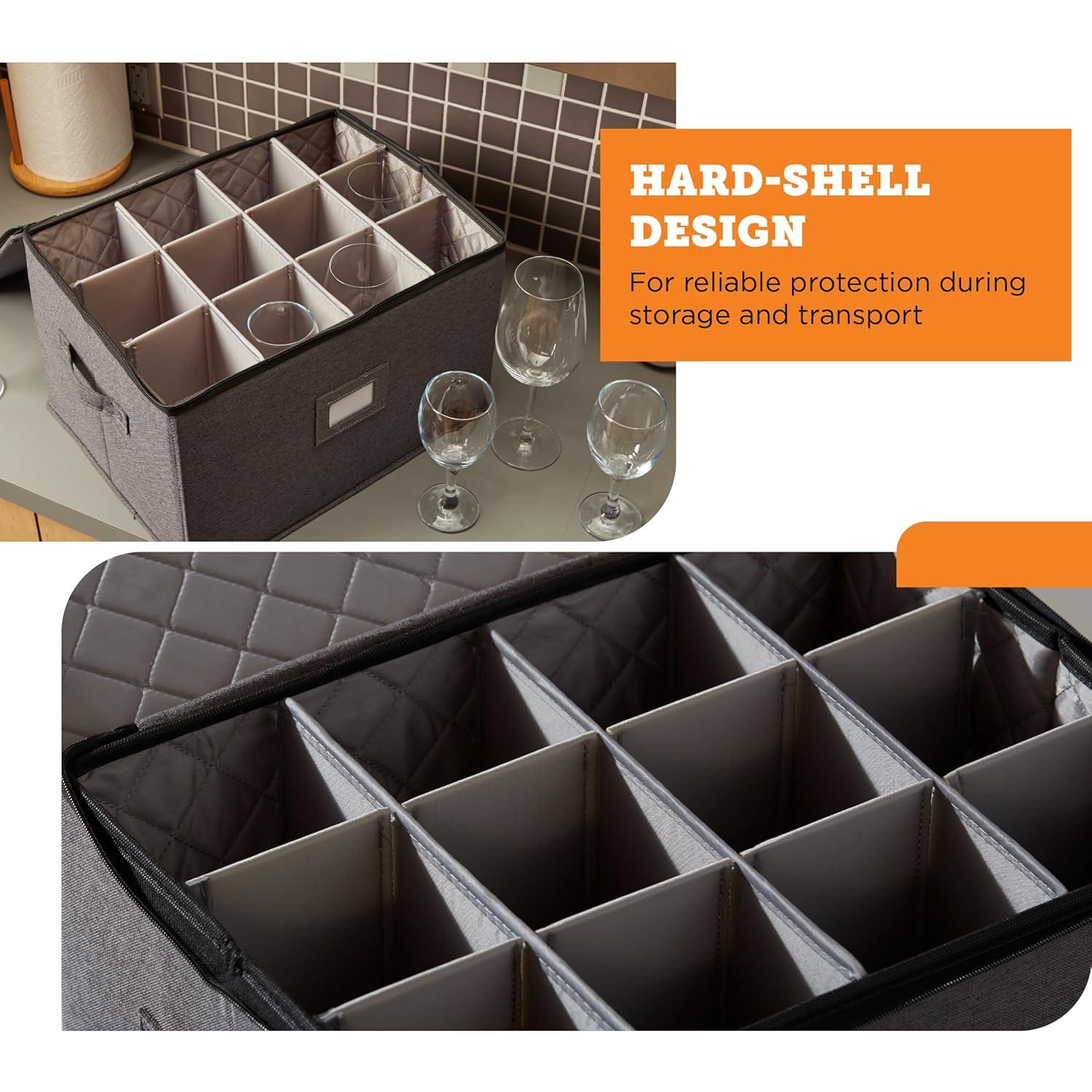 StorageLAB Wine Glass Storage Box - Stackable Hard Shell with Dividers for Stemware, 1-Pack
