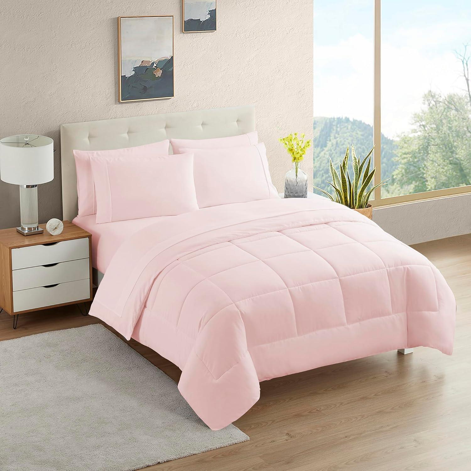 Supreme 7 Piece Bed-In-A-Bag All Season Solid Comforter & Sheet Set, California King, Pale Pink By Sweet Home Collection