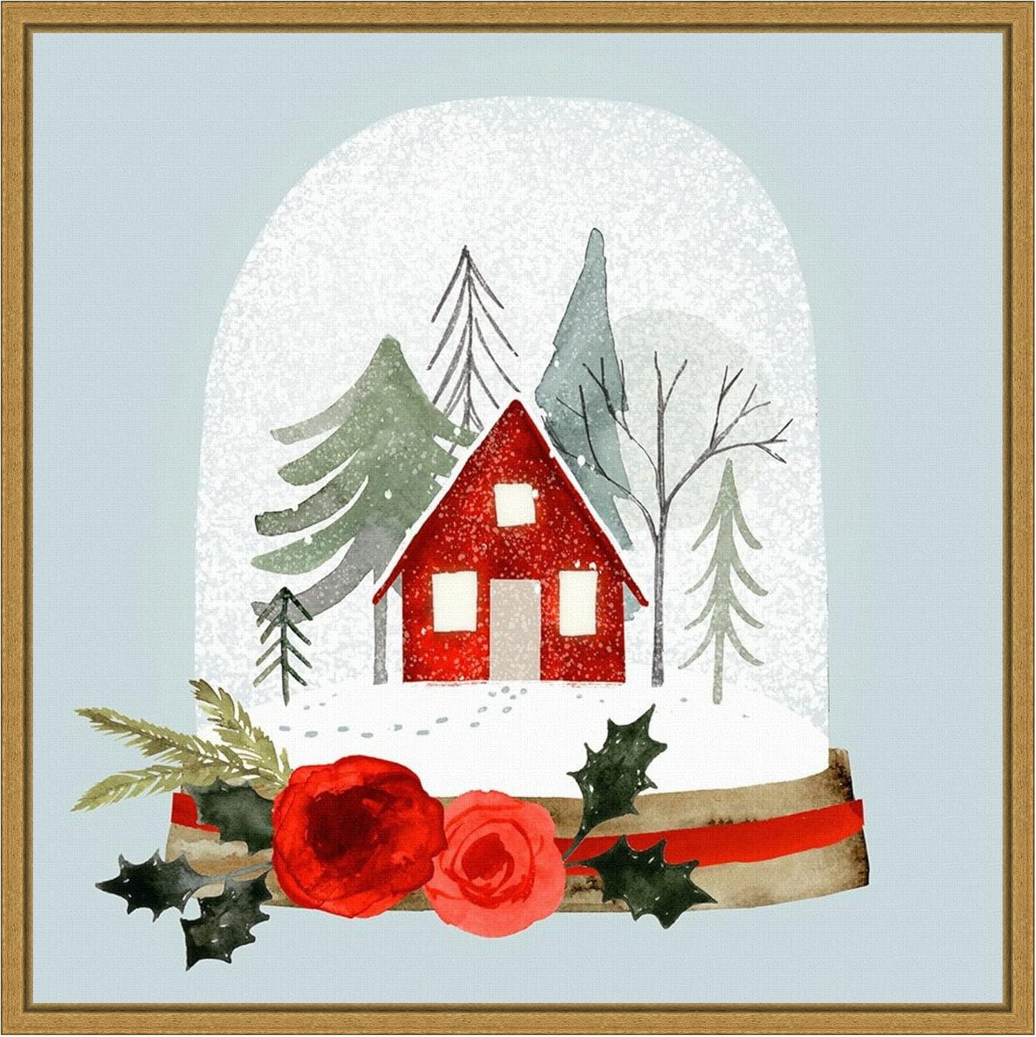 Small Red Cottage Snow Globe Canvas Print with Gold Frame