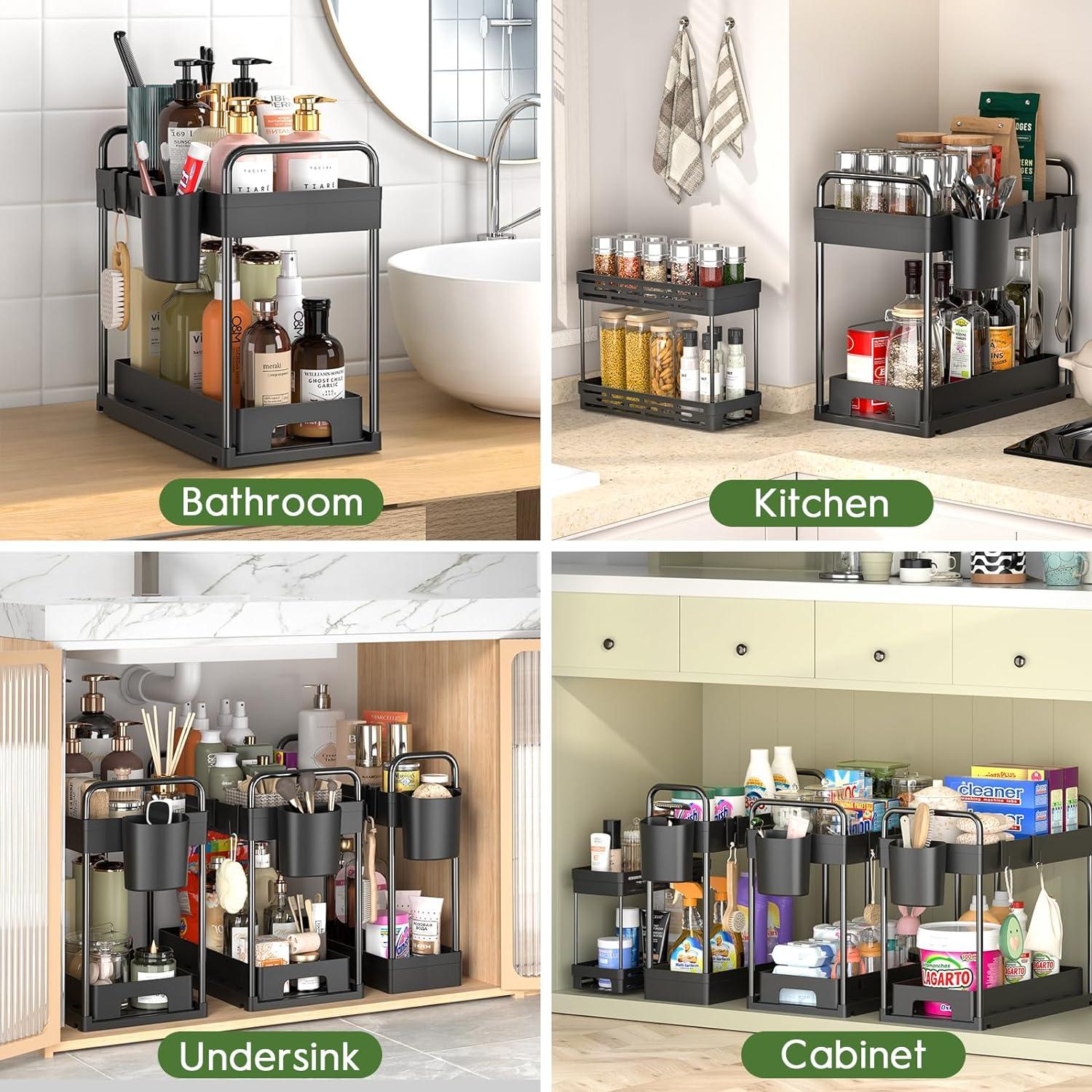 4 Pack Under Sink Organizer And Storage - Stackable 3 Size 2 Tier Bathroom Under The Sink Organizers Multi-Usage Kitchen Cabinet Organizers And Storage Sink Bath Shelf Baskets