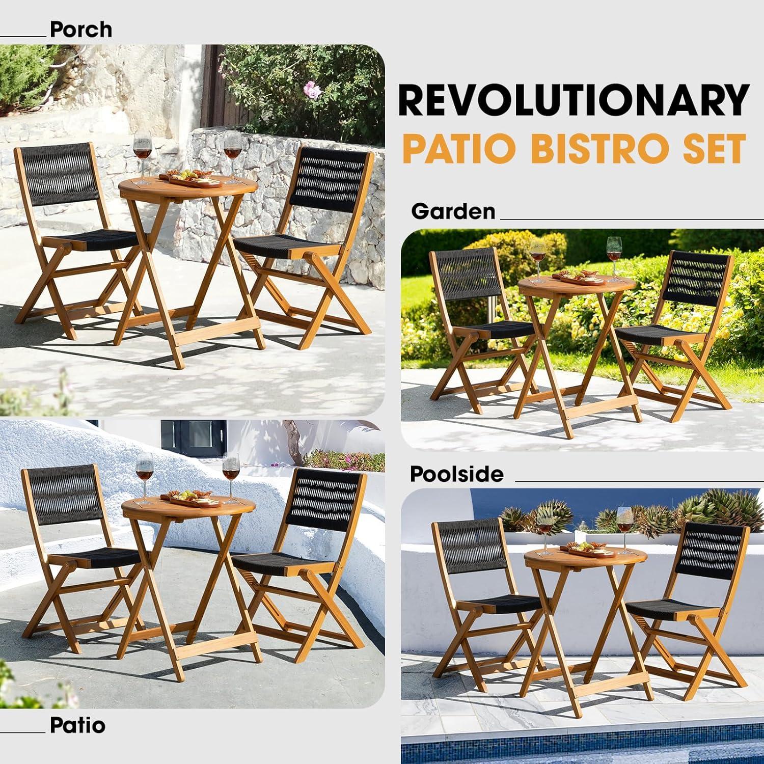 Acacia Wood and Black Rope Outdoor Bistro Set, 3-Piece